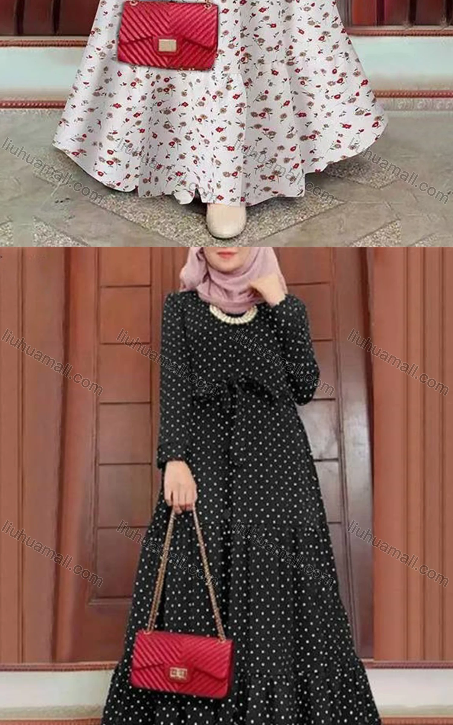 Wholesale Women's Islamic Muslim Tie Front Floral Polka Dot Tiered Floor Length Dress - Liuhuamall