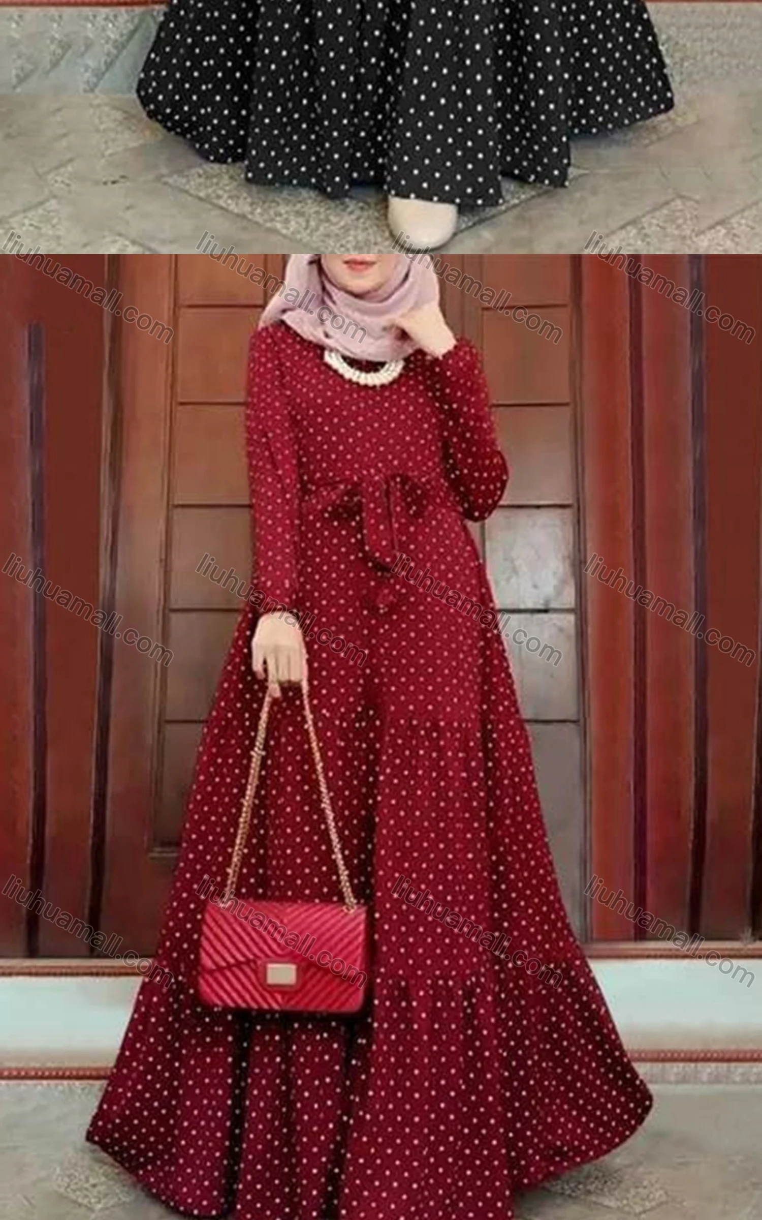 Wholesale Women's Islamic Muslim Tie Front Floral Polka Dot Tiered Floor Length Dress - Liuhuamall