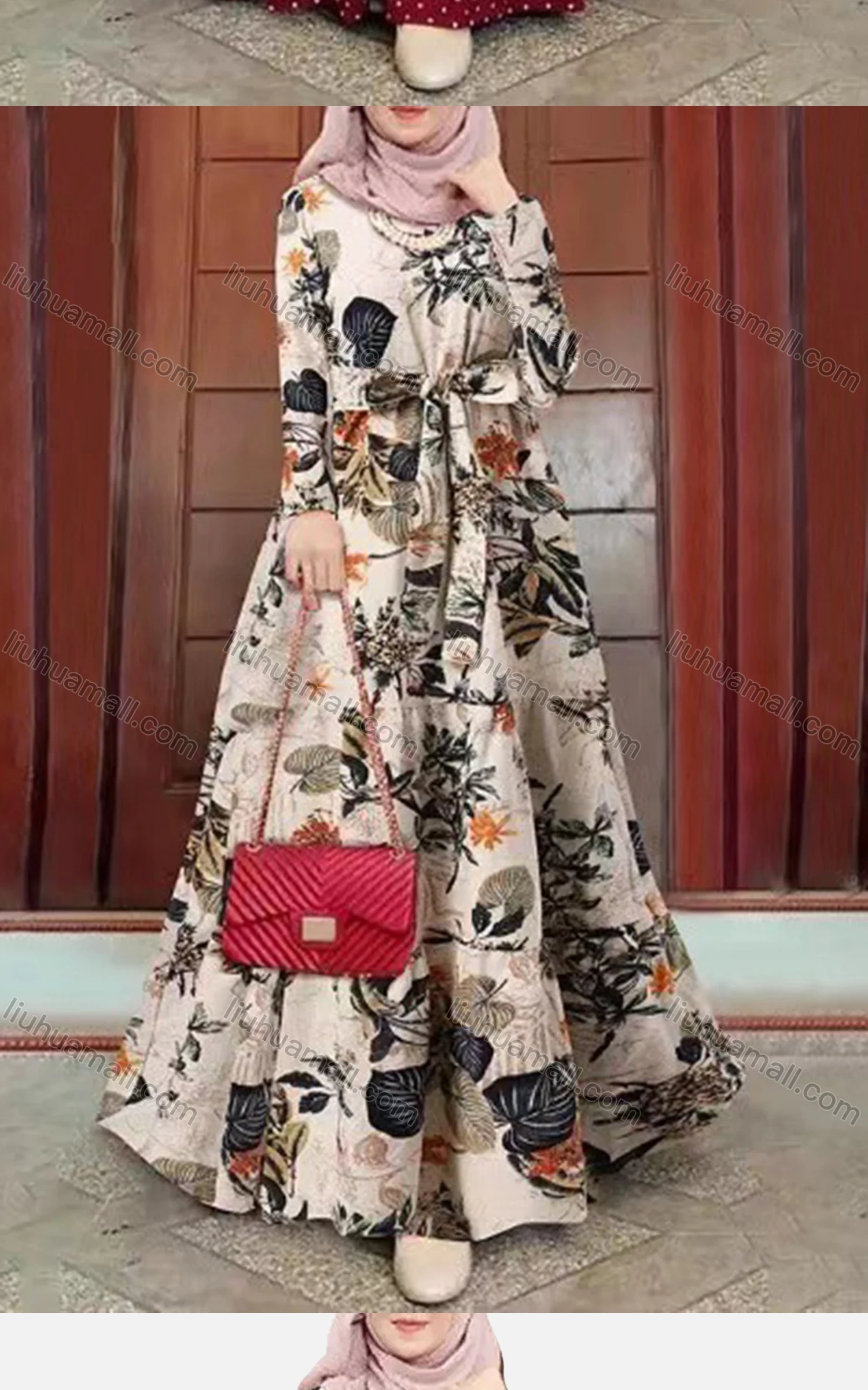 Wholesale Women's Islamic Muslim Tie Front Floral Polka Dot Tiered Floor Length Dress - Liuhuamall