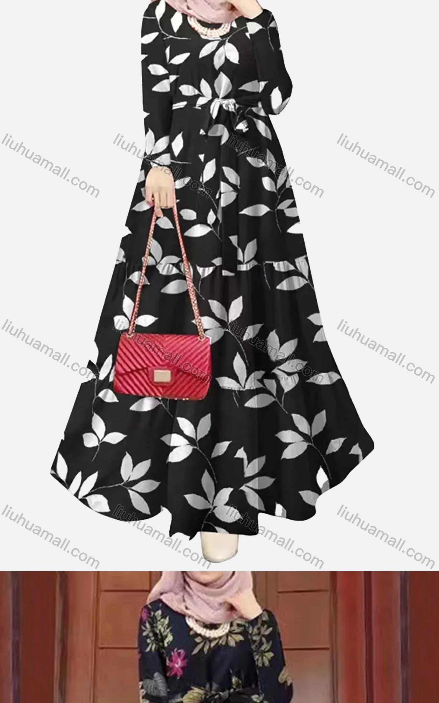 Wholesale Women's Islamic Muslim Tie Front Floral Polka Dot Tiered Floor Length Dress - Liuhuamall