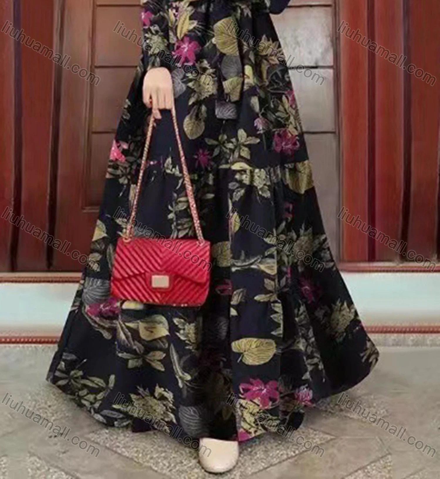 Wholesale Women's Islamic Muslim Tie Front Floral Polka Dot Tiered Floor Length Dress - Liuhuamall