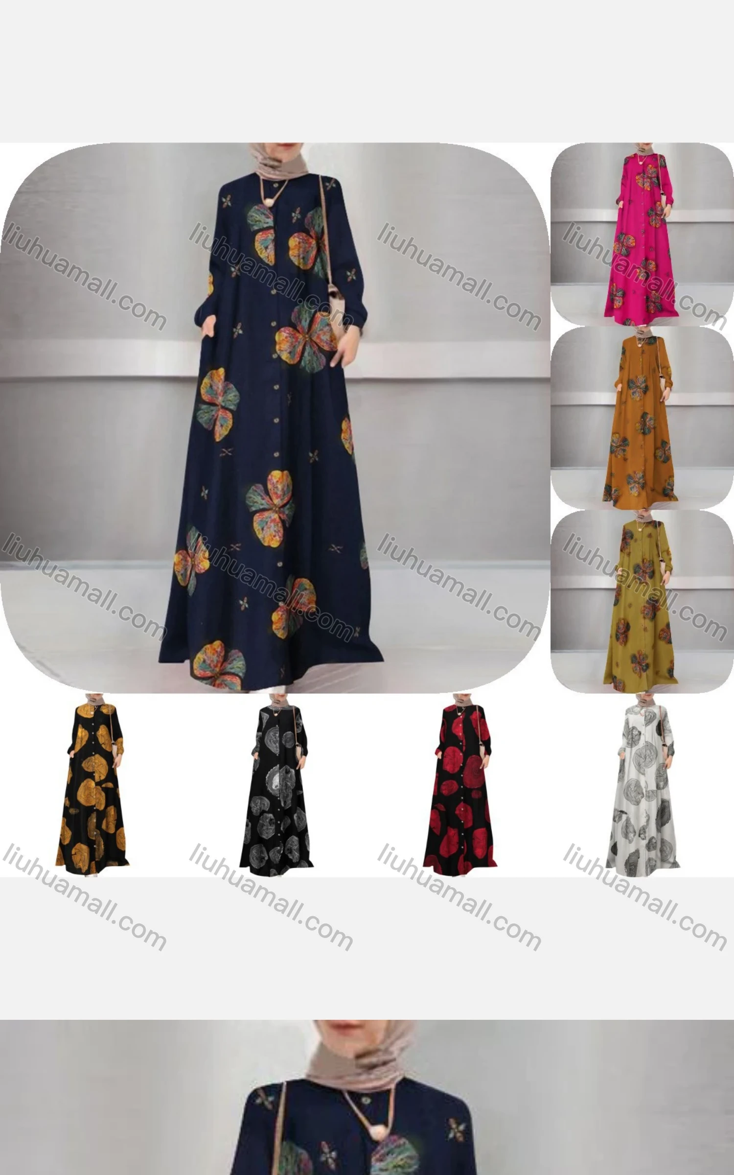 Wholesale Women's Islamic Muslim Button Down Floral Floor Length Abaya Dress - Liuhuamall