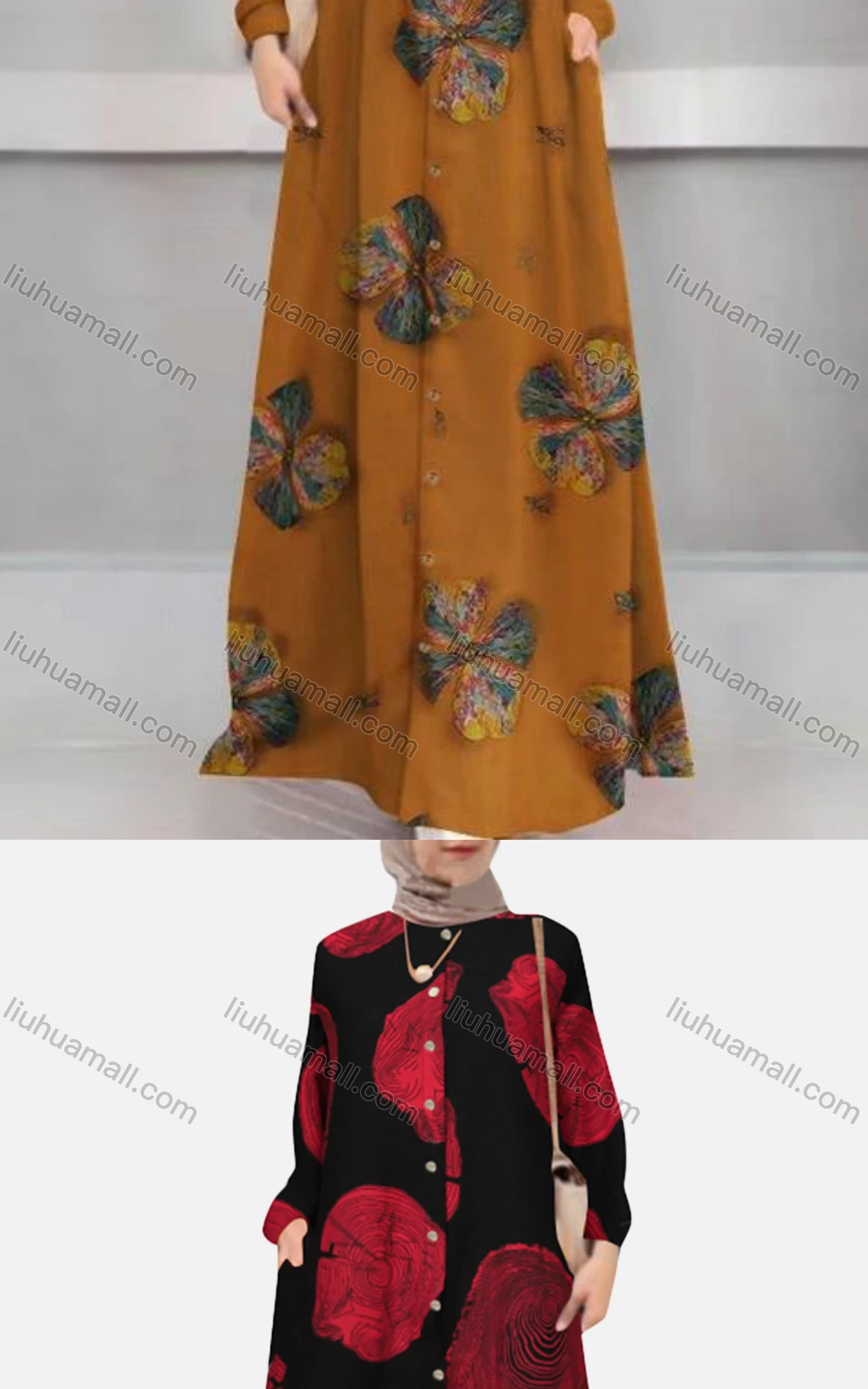 Wholesale Women's Islamic Muslim Button Down Floral Floor Length Abaya Dress - Liuhuamall