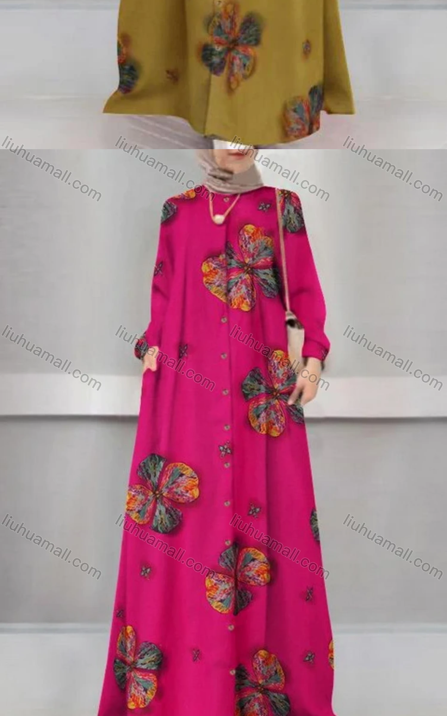 Wholesale Women's Islamic Muslim Button Down Floral Floor Length Abaya Dress - Liuhuamall