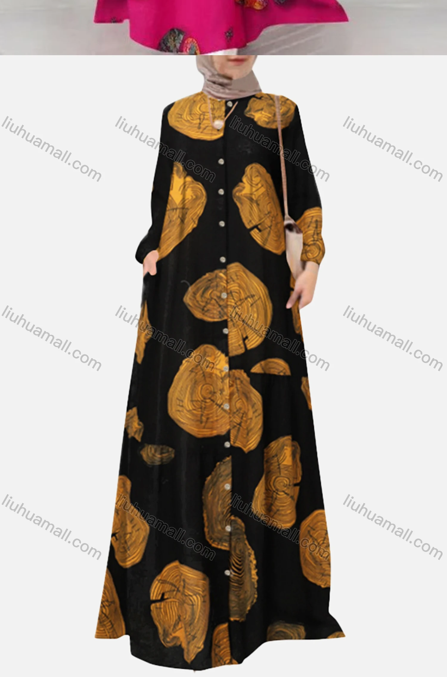 Wholesale Women's Islamic Muslim Button Down Floral Floor Length Abaya Dress - Liuhuamall