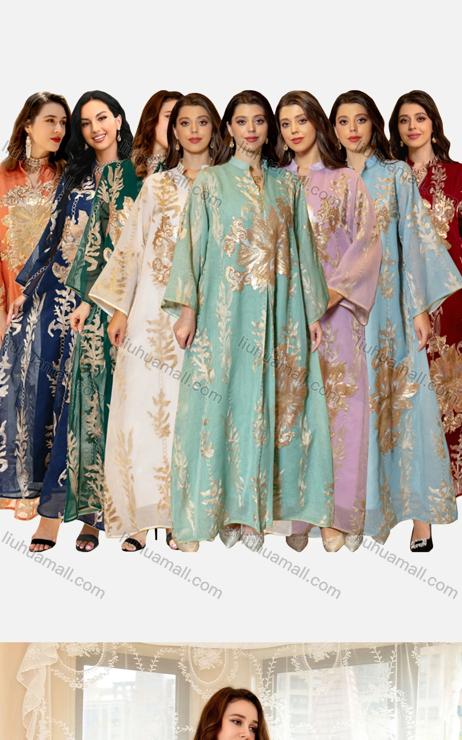 Wholesale Women's Islamic Muslim Embroidered Sequin Floral Maxi Abaya Dress - Liuhuamall
