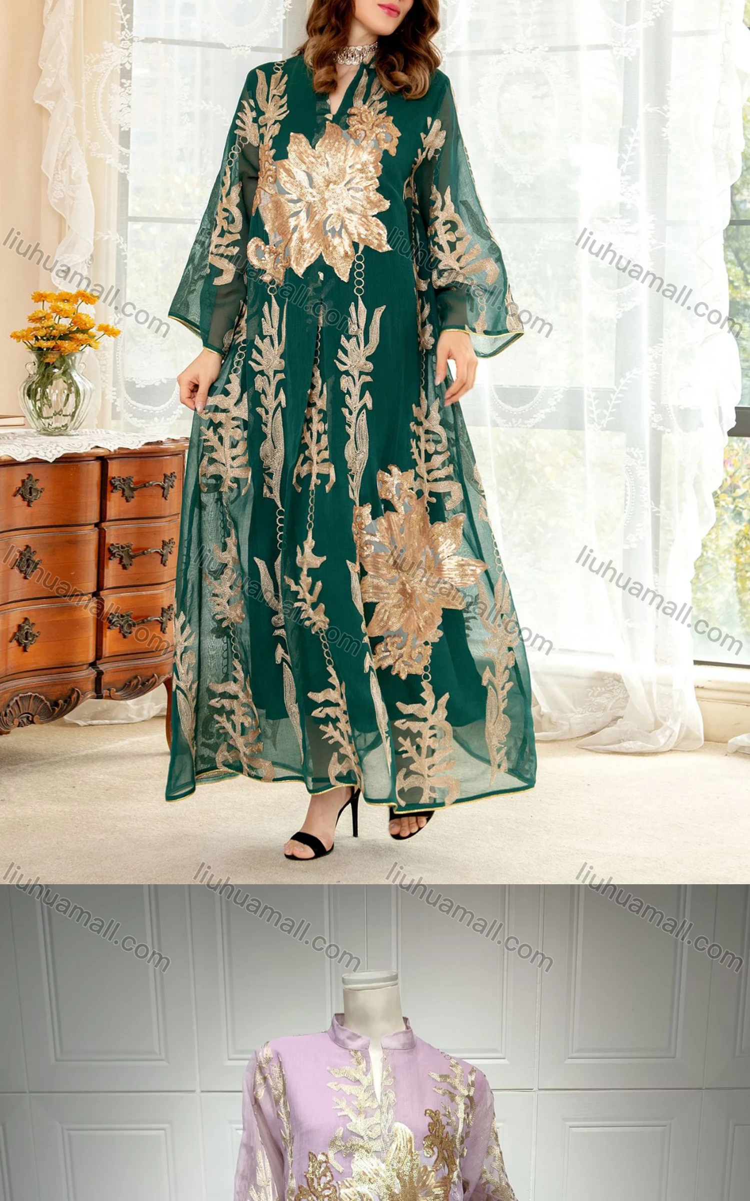 Wholesale Women's Islamic Muslim Embroidered Sequin Floral Maxi Abaya Dress - Liuhuamall