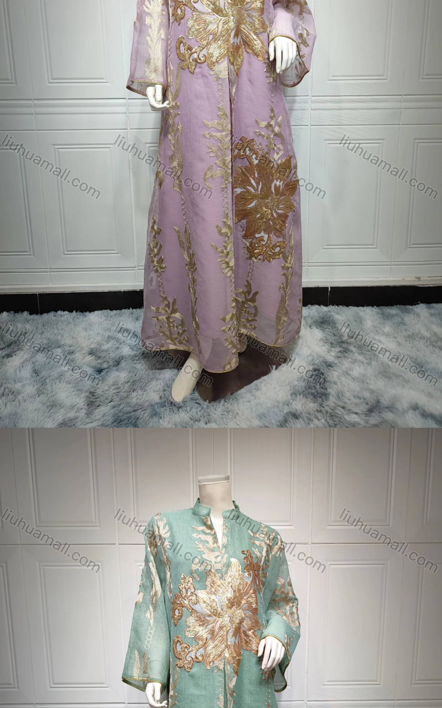 Wholesale Women's Islamic Muslim Embroidered Sequin Floral Maxi Abaya Dress - Liuhuamall