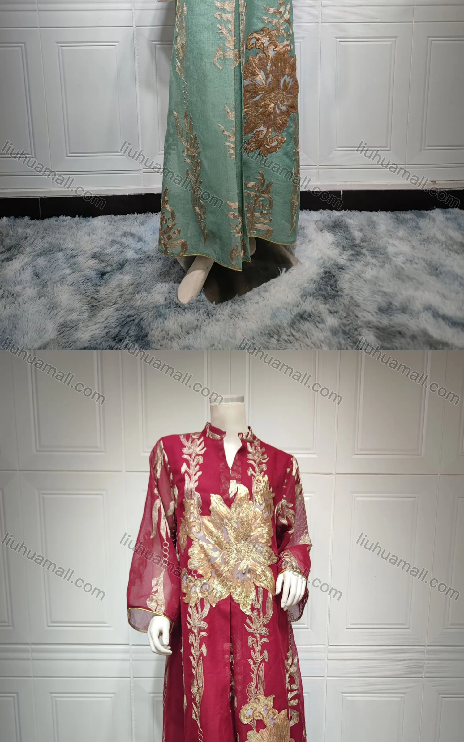 Wholesale Women's Islamic Muslim Embroidered Sequin Floral Maxi Abaya Dress - Liuhuamall