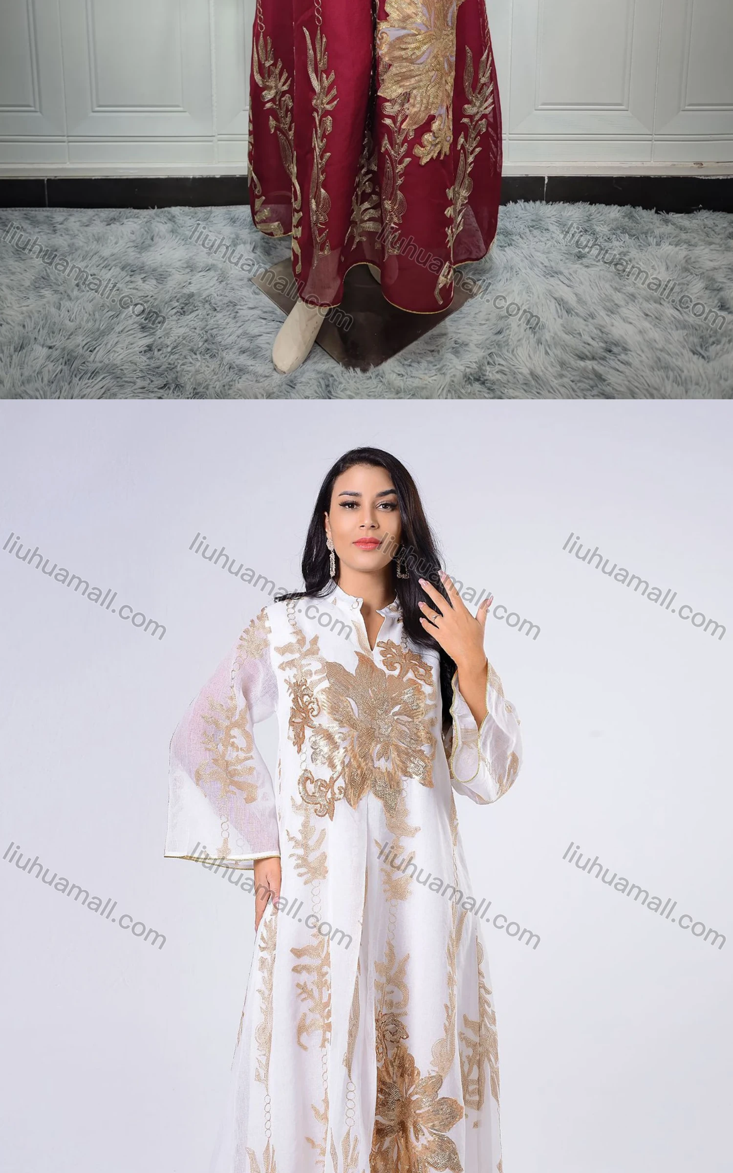 Wholesale Women's Islamic Muslim Embroidered Sequin Floral Maxi Abaya Dress - Liuhuamall