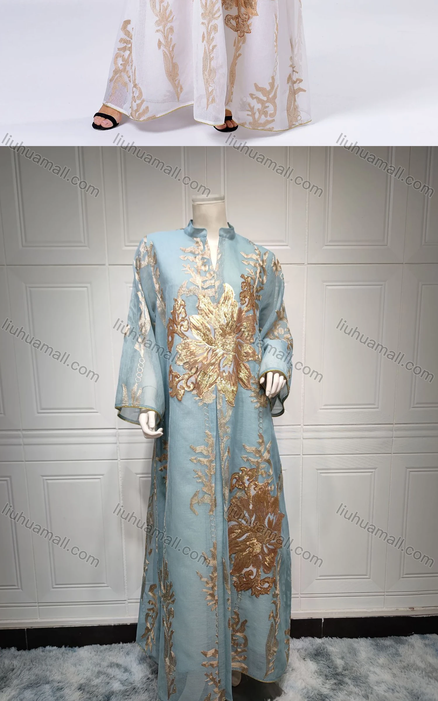Wholesale Women's Islamic Muslim Embroidered Sequin Floral Maxi Abaya Dress - Liuhuamall