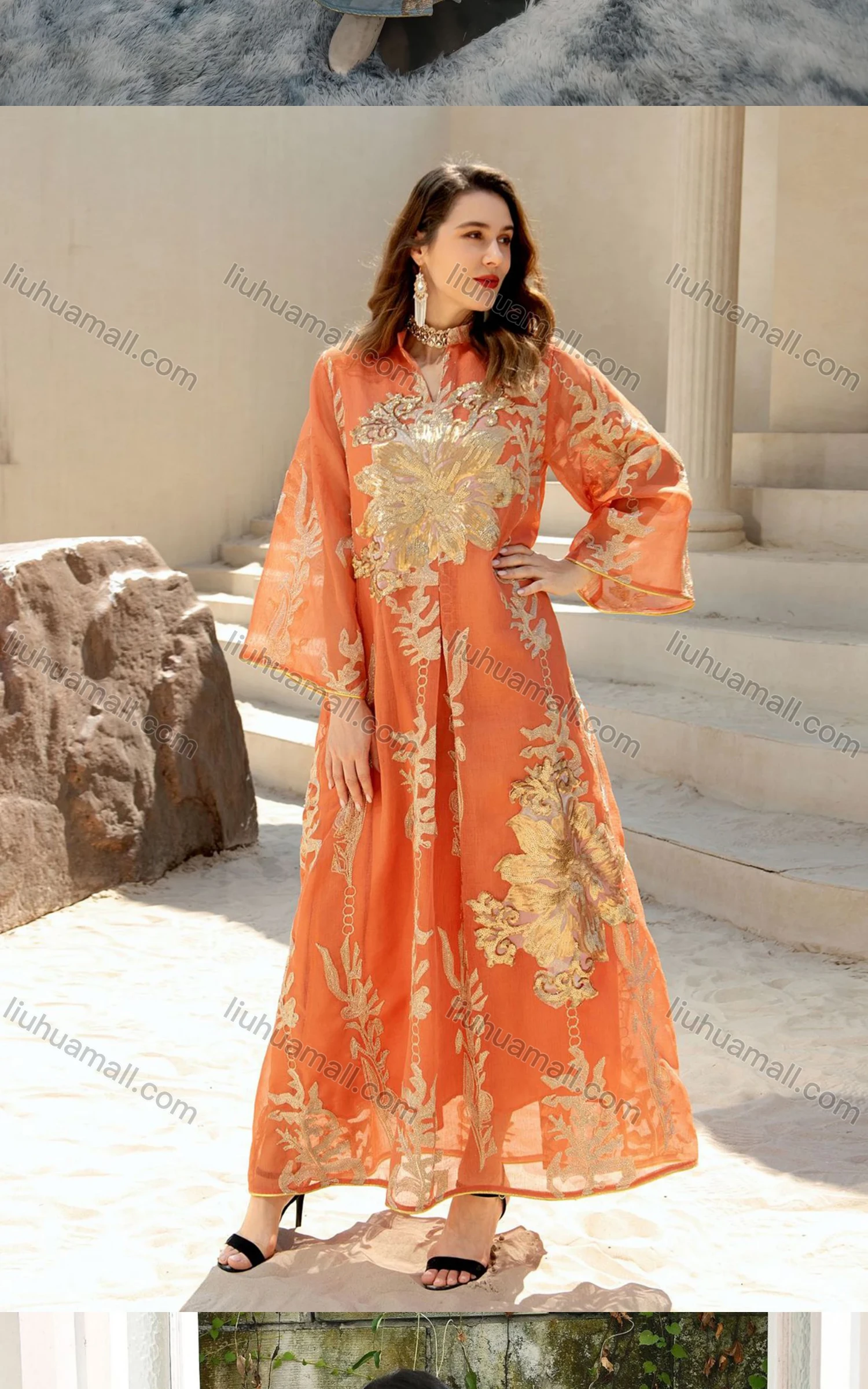 Wholesale Women's Islamic Muslim Embroidered Sequin Floral Maxi Abaya Dress - Liuhuamall