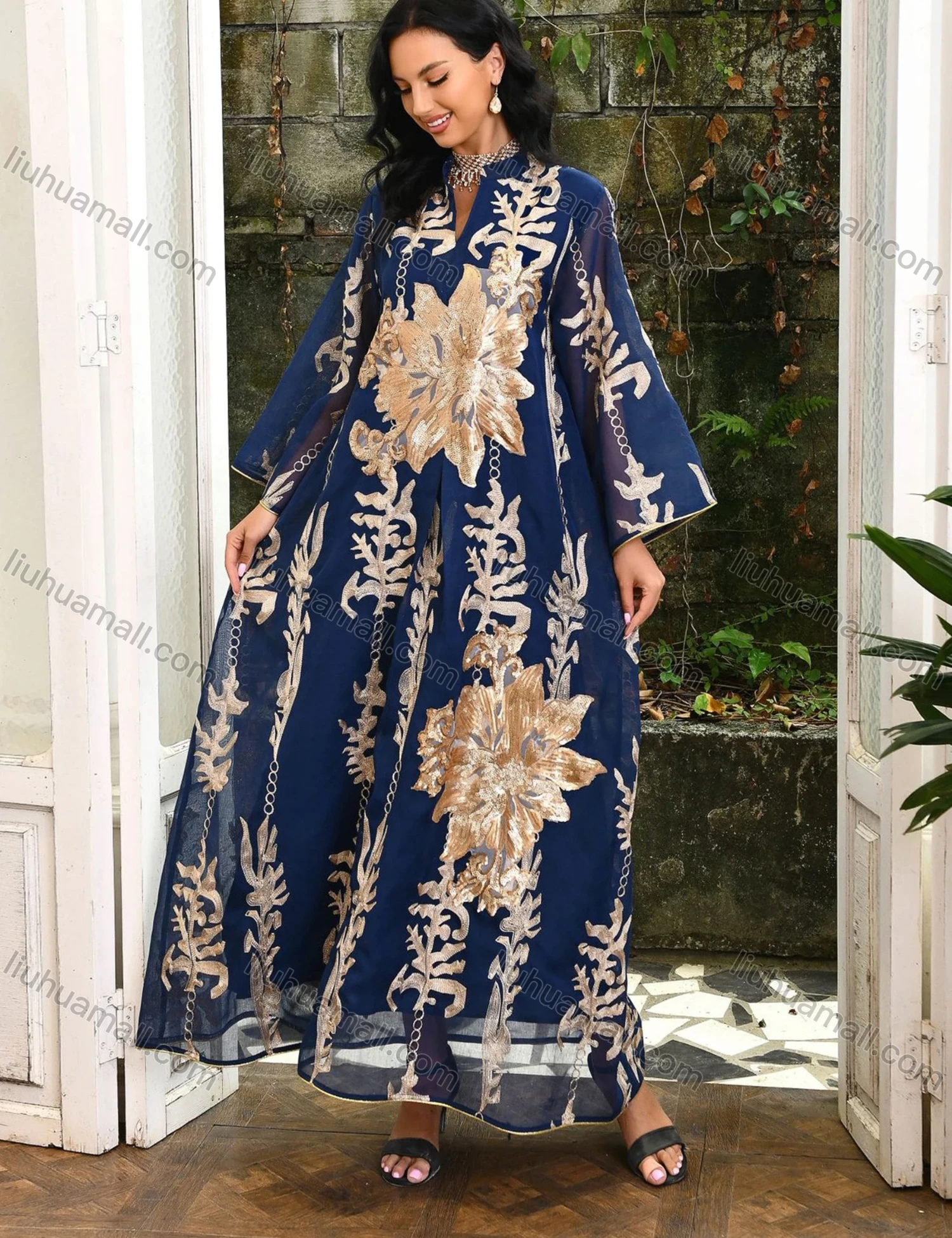 Wholesale Women's Islamic Muslim Embroidered Sequin Floral Maxi Abaya Dress - Liuhuamall