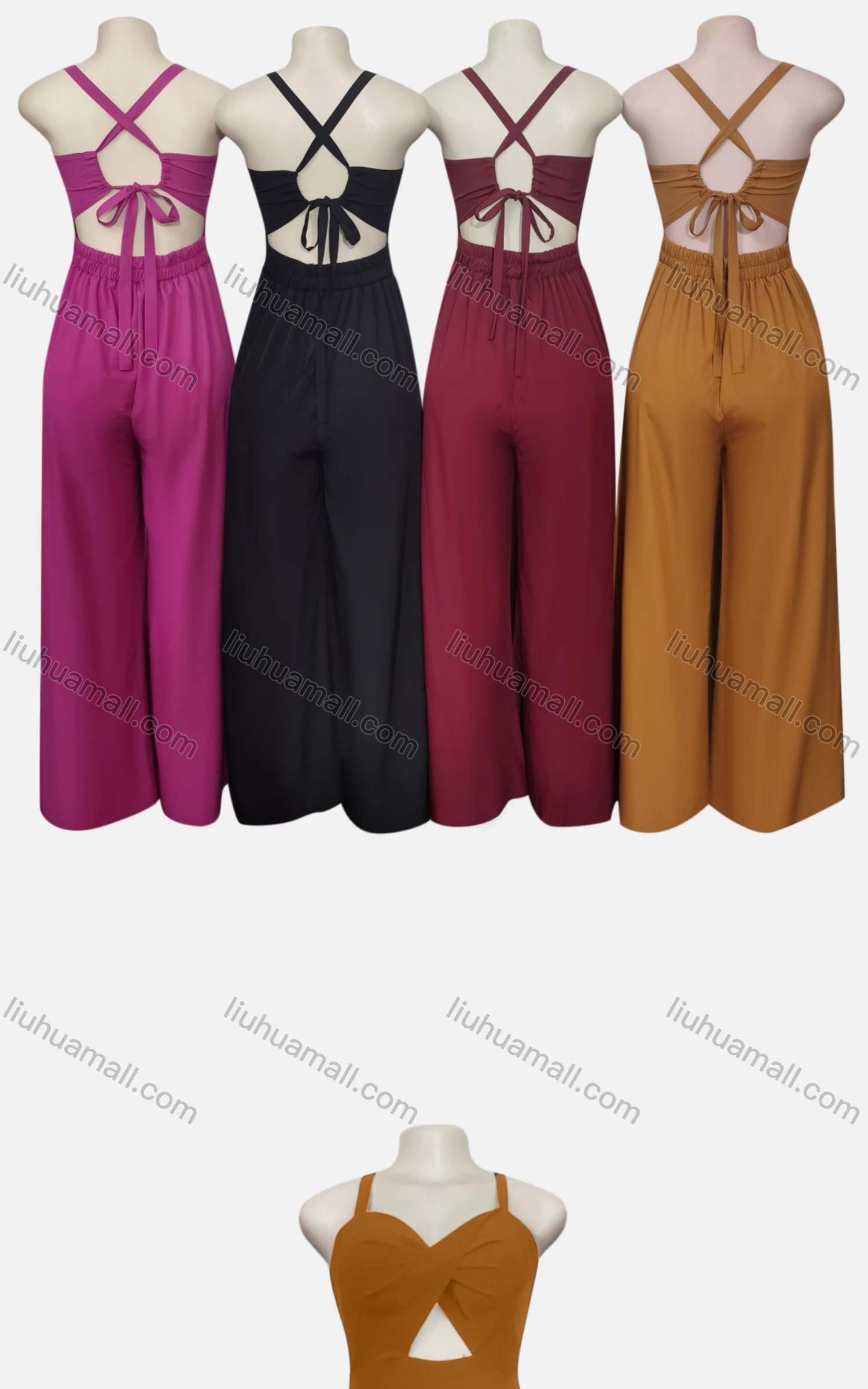 Wholesale Women's Sexy Plain Spaghetti Strap High Waist Twist Hollow Out Jumpsuit - Liuhuamall
