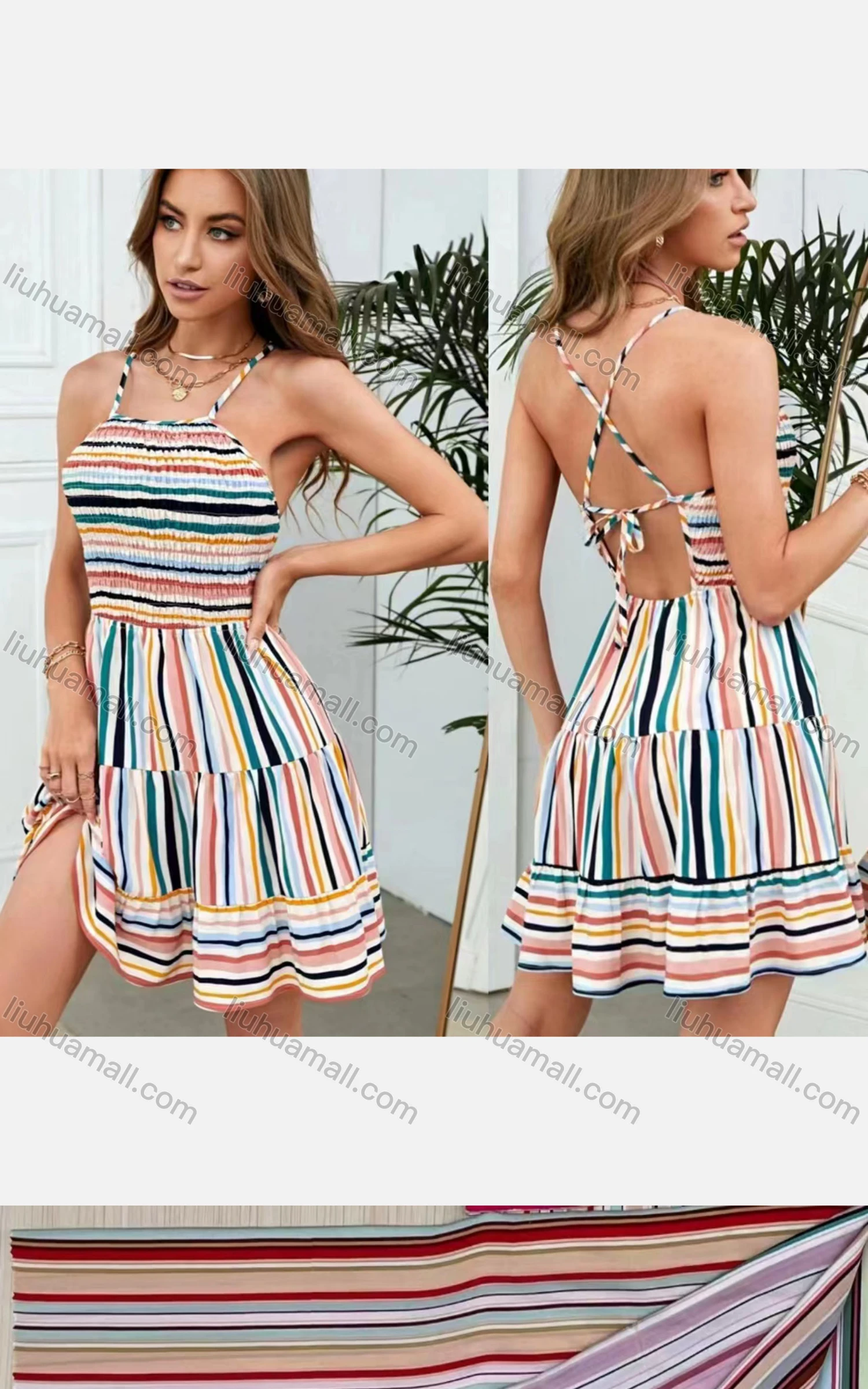 Wholesale Women's Sexy Spaghetti Strap Tiered Tie Back Shirred Short Slip Dress - Liuhuamall