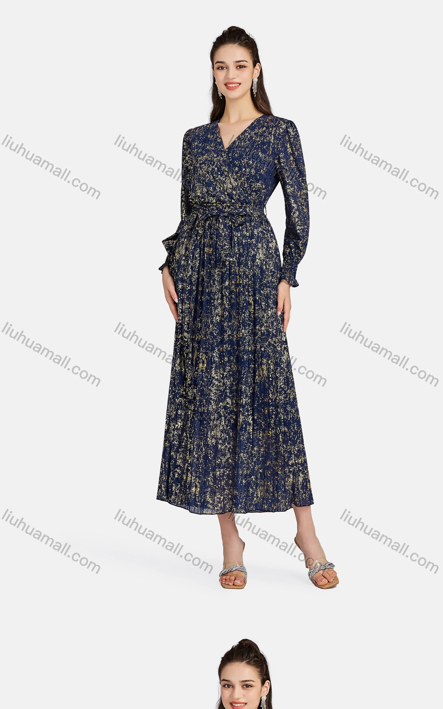 Wholesale Women's Casual Bishop Sleeve Bronzed Print Wrap Tie Front Chiffon Dress - Liuhuamall