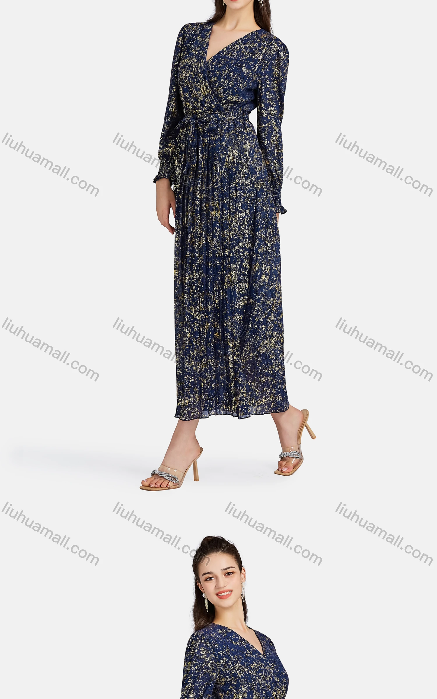 Wholesale Women's Casual Bishop Sleeve Bronzed Print Wrap Tie Front Chiffon Dress - Liuhuamall