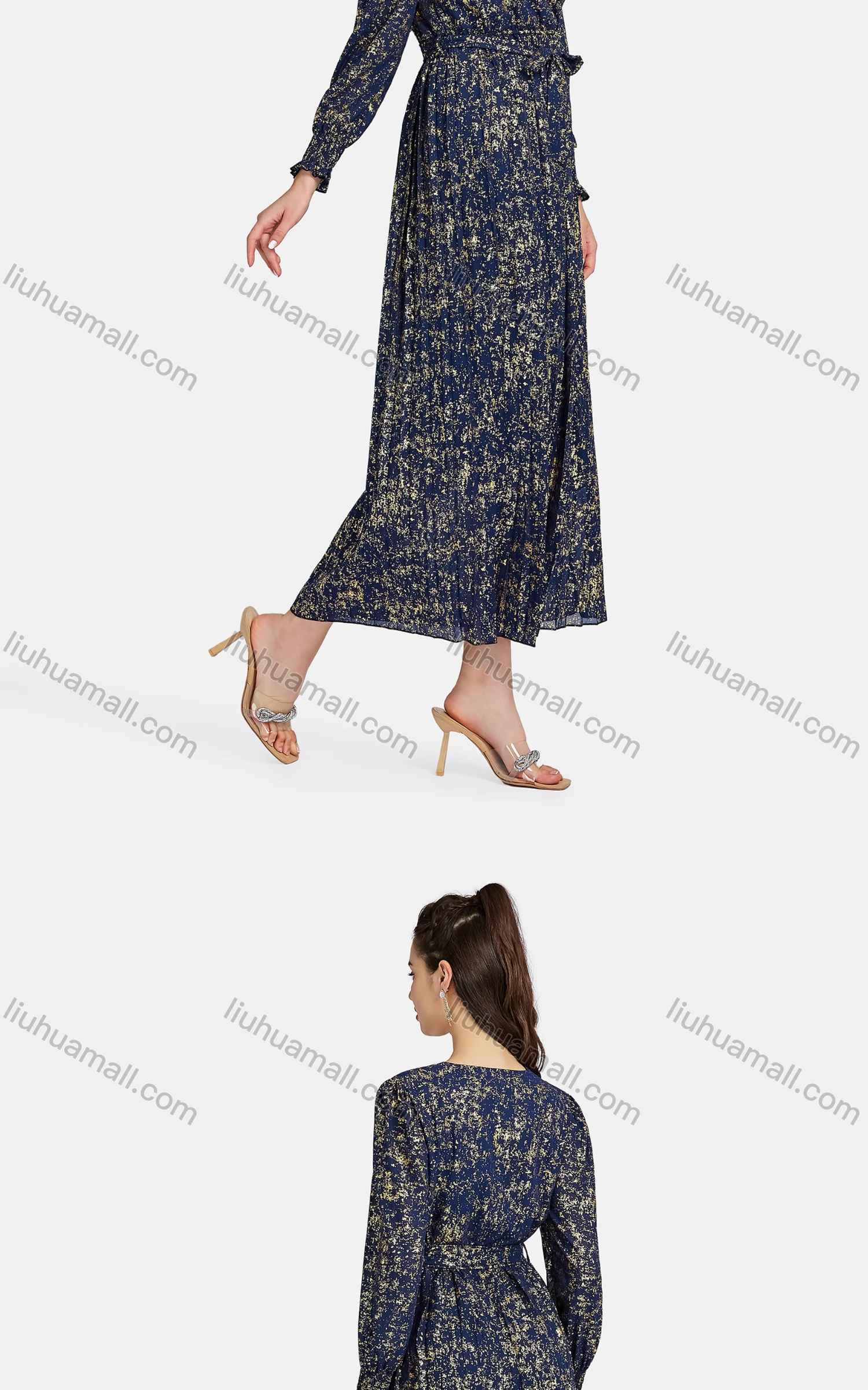 Wholesale Women's Casual Bishop Sleeve Bronzed Print Wrap Tie Front Chiffon Dress - Liuhuamall