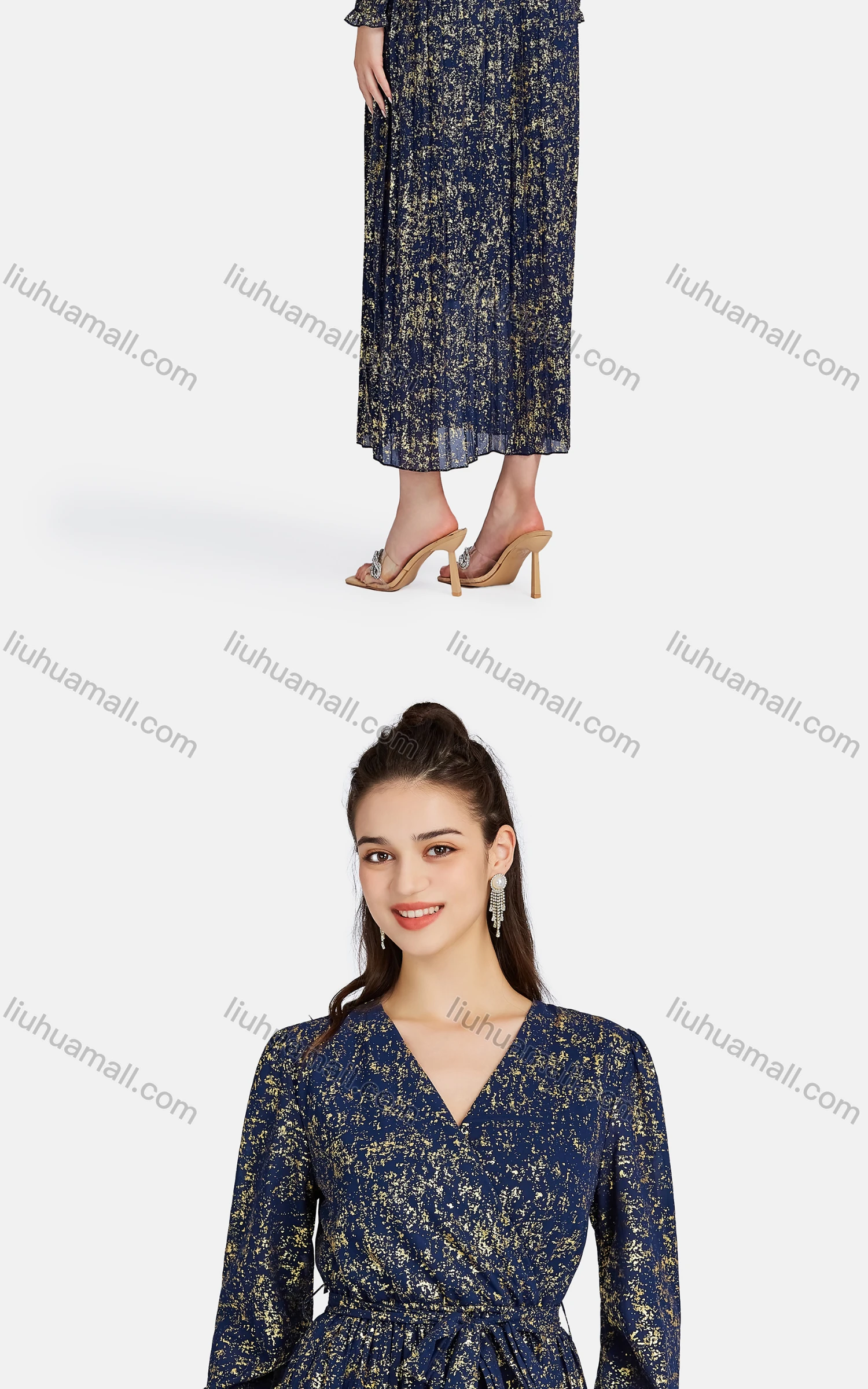 Wholesale Women's Casual Bishop Sleeve Bronzed Print Wrap Tie Front Chiffon Dress - Liuhuamall