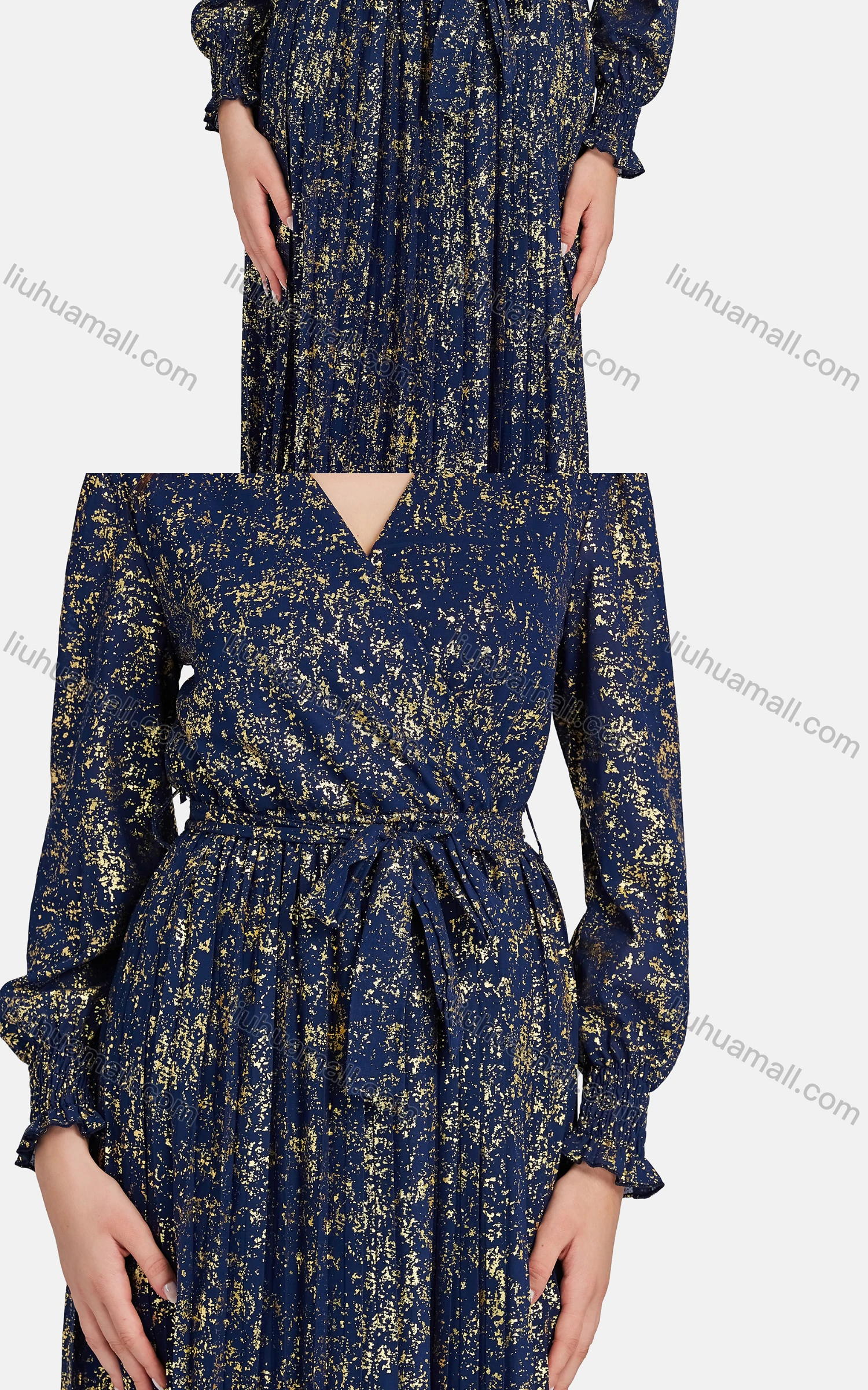Wholesale Women's Casual Bishop Sleeve Bronzed Print Wrap Tie Front Chiffon Dress - Liuhuamall