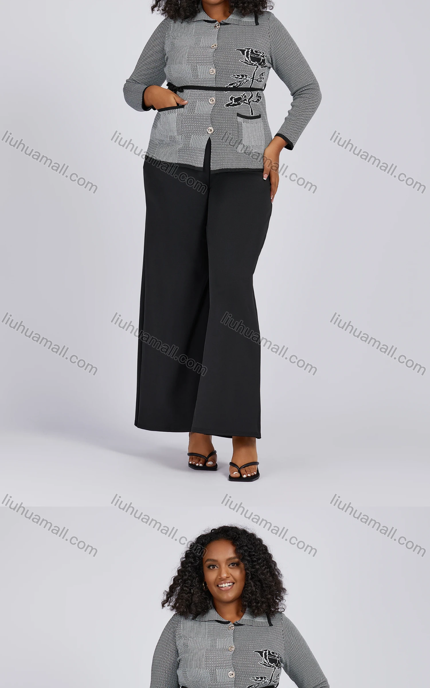 Wholesale Women's Casual Plus Size Button Down Patch Pockets Floral Knitted Jackets - Liuhuamall