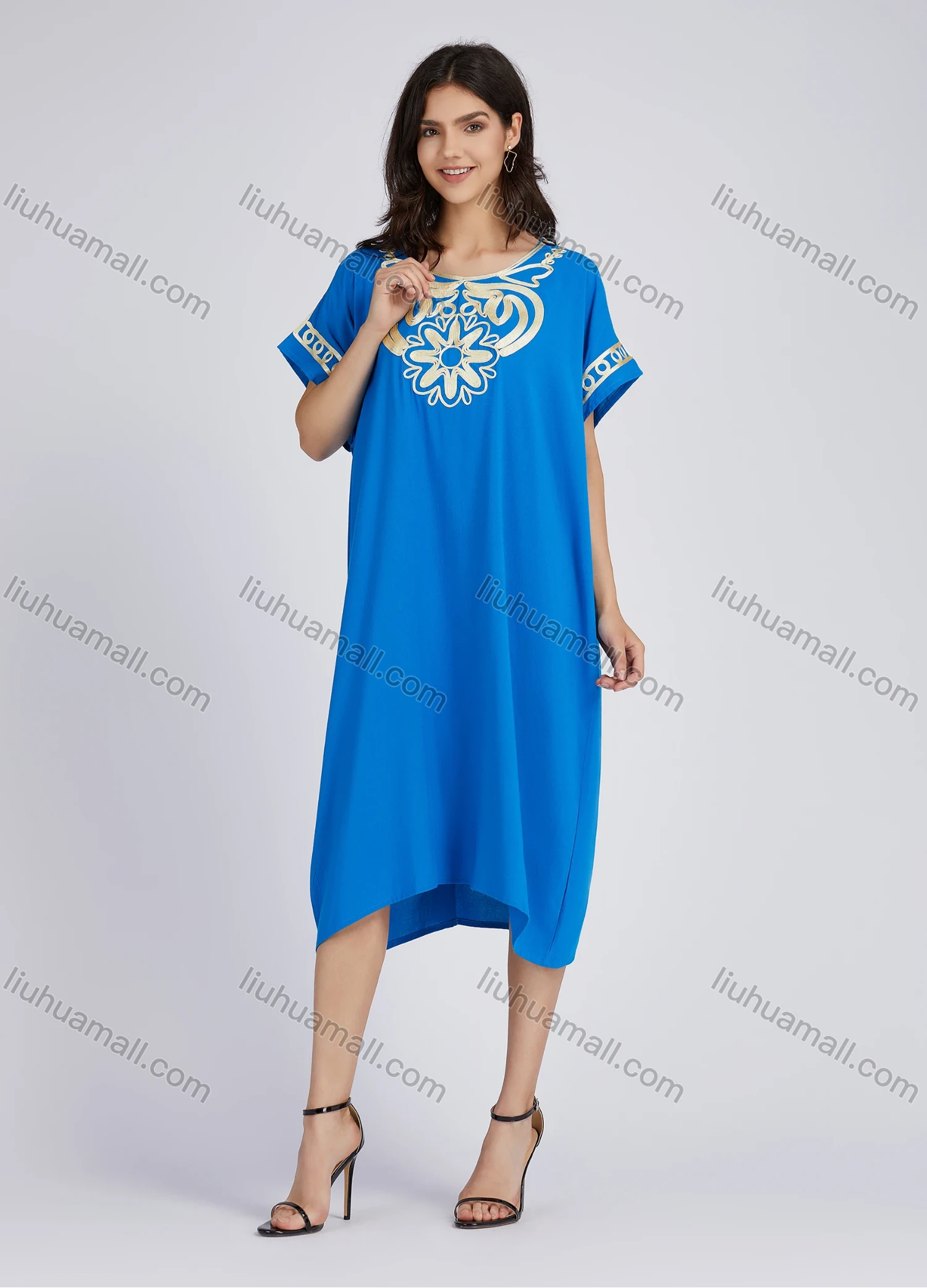 Wholesale Women's African Elegant Folk Art Print Short Sleeve Crew Neck Midi Dress LSHDXS-33# - Liuhuamall