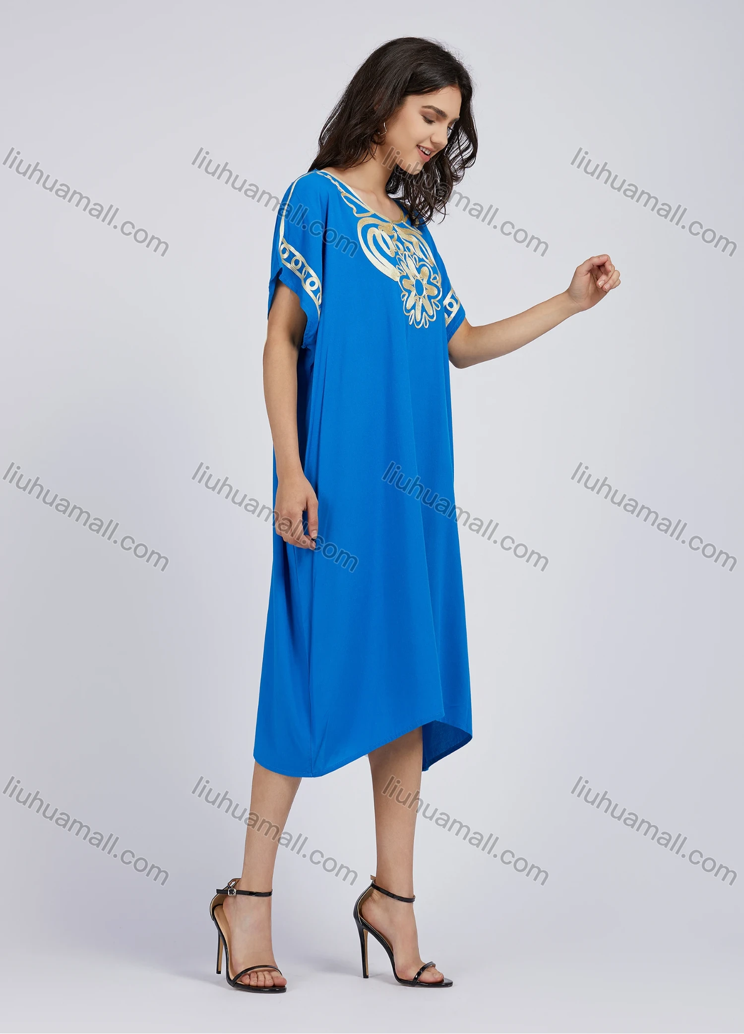 Wholesale Women's African Elegant Folk Art Print Short Sleeve Crew Neck Midi Dress LSHDXS-33# - Liuhuamall