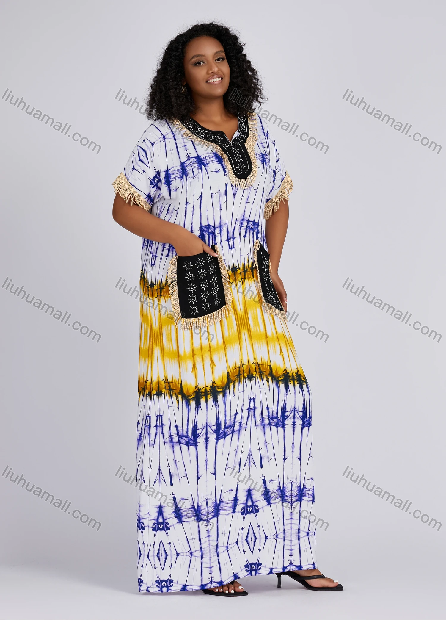 Wholesale Women's Folkloric African Colorblock Tie Dye Notched Neck Short Sleeve Patch Pockets Fringe Maxi Dress Robe CXPJ-SS# - Liuhuamall