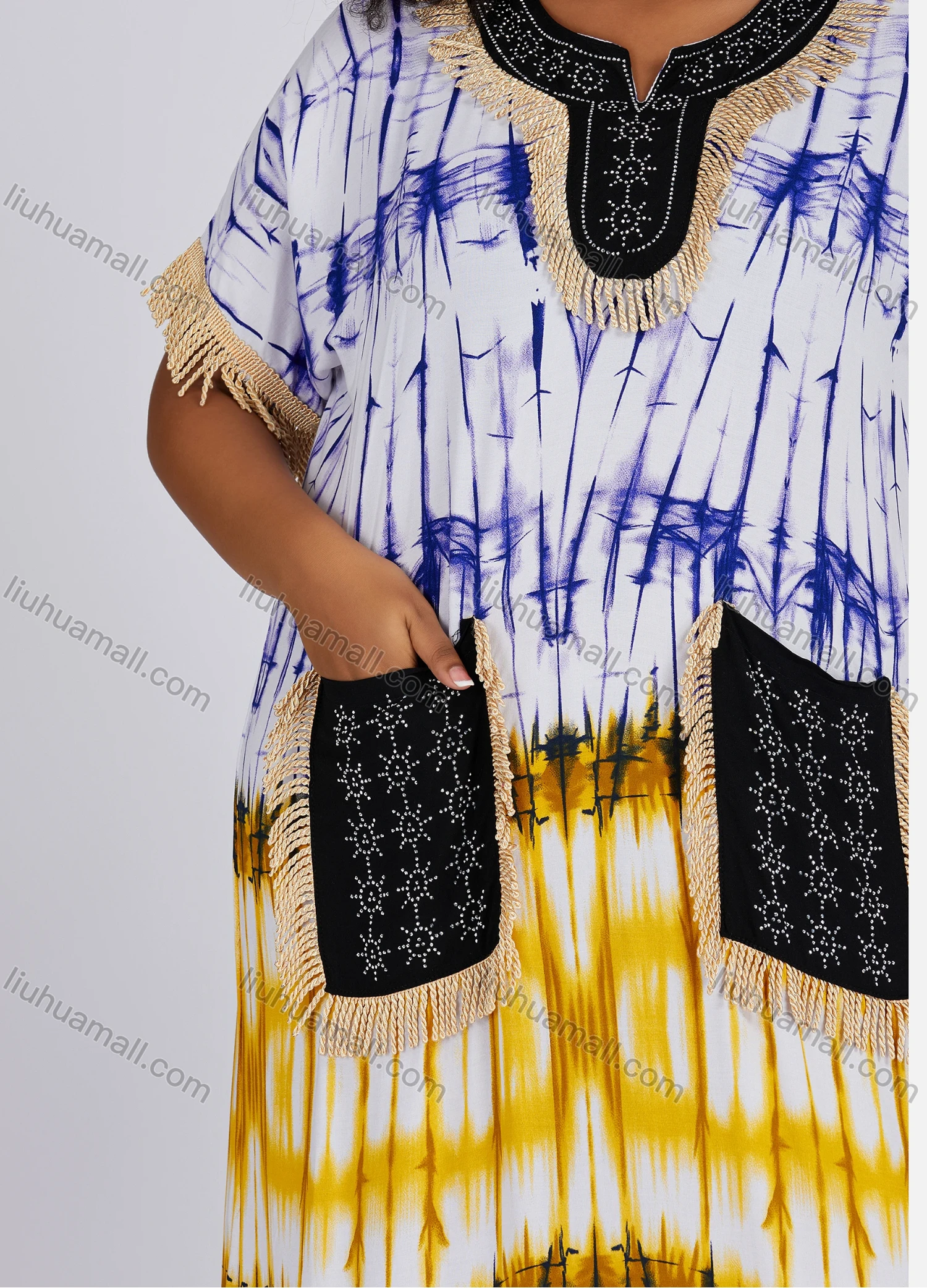 Wholesale Women's Folkloric African Colorblock Tie Dye Notched Neck Short Sleeve Patch Pockets Fringe Maxi Dress Robe CXPJ-SS# - Liuhuamall