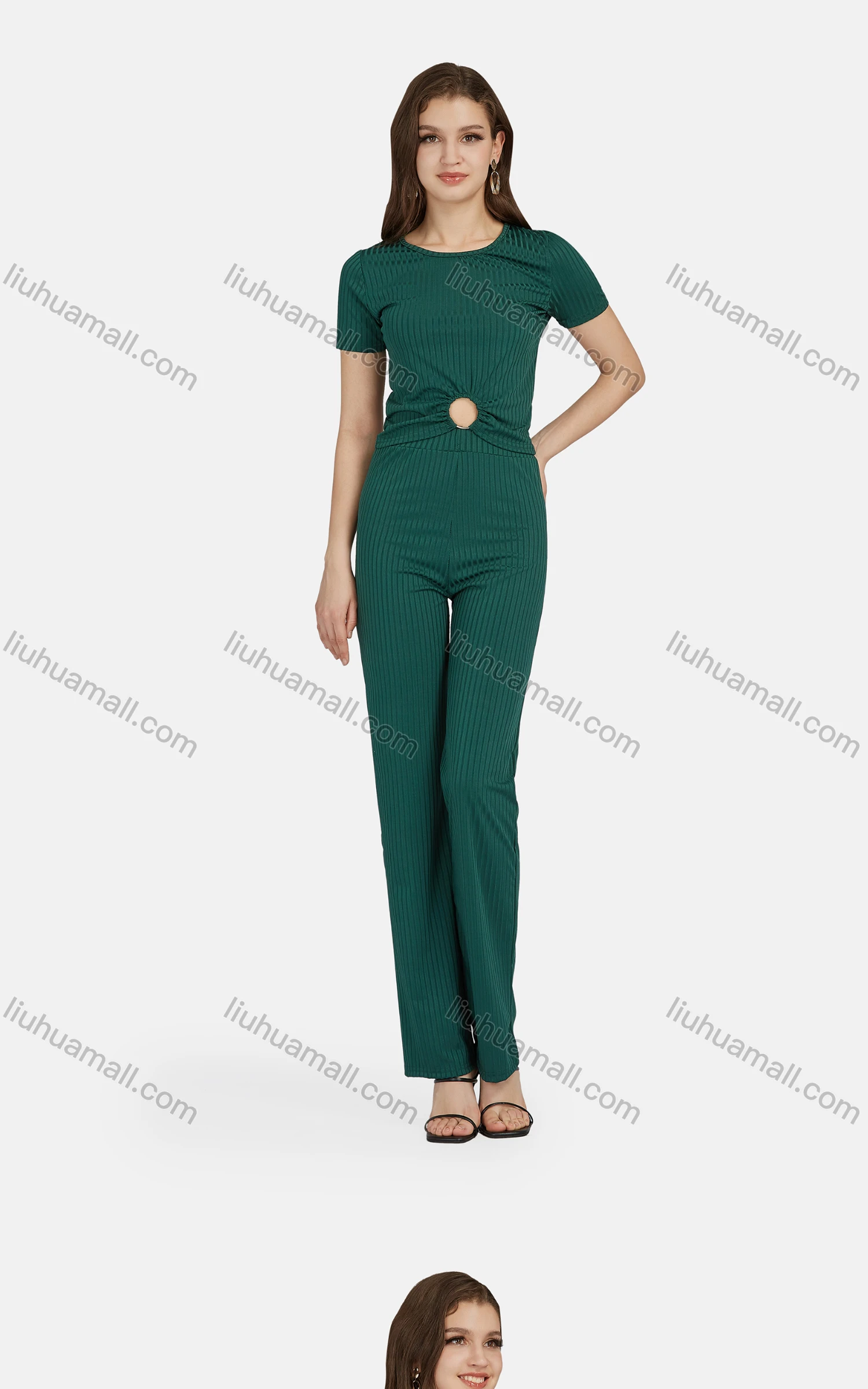 Wholesale Women's Casual Plain Short Sleeve Ribbed Hollow Out Top 2-Piece Set 6172# - Liuhuamall