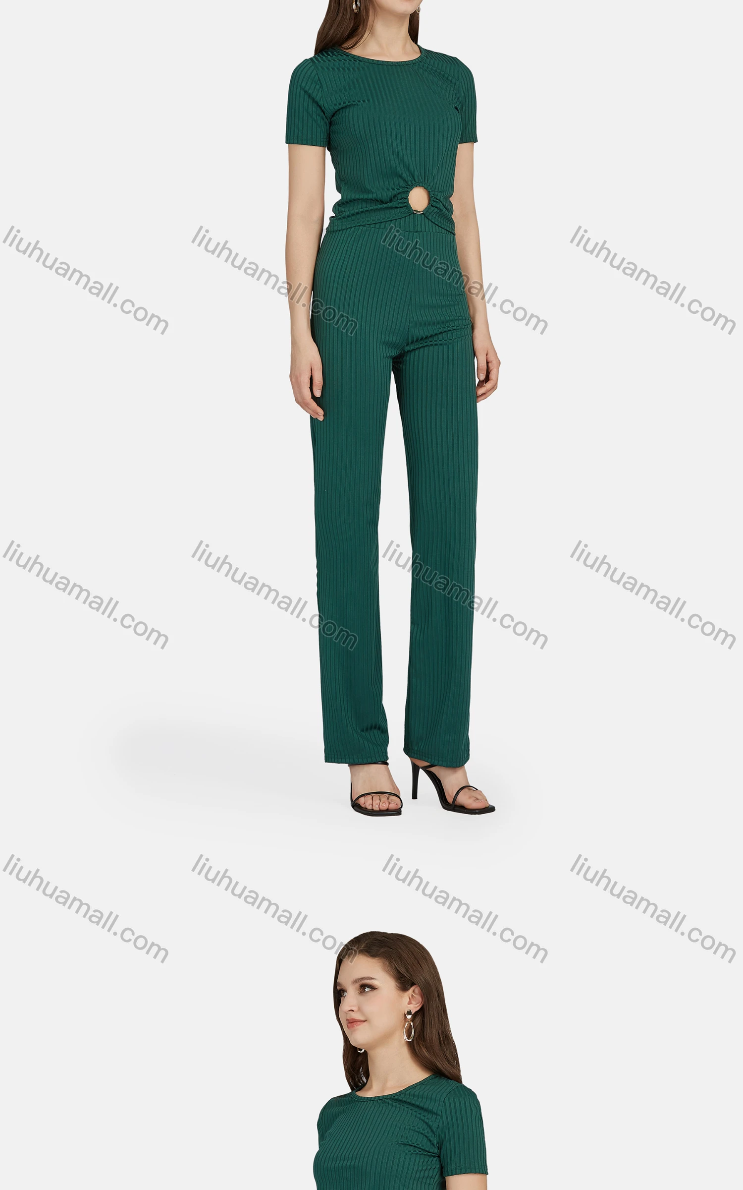 Wholesale Women's Casual Plain Short Sleeve Ribbed Hollow Out Top 2-Piece Set 6172# - Liuhuamall