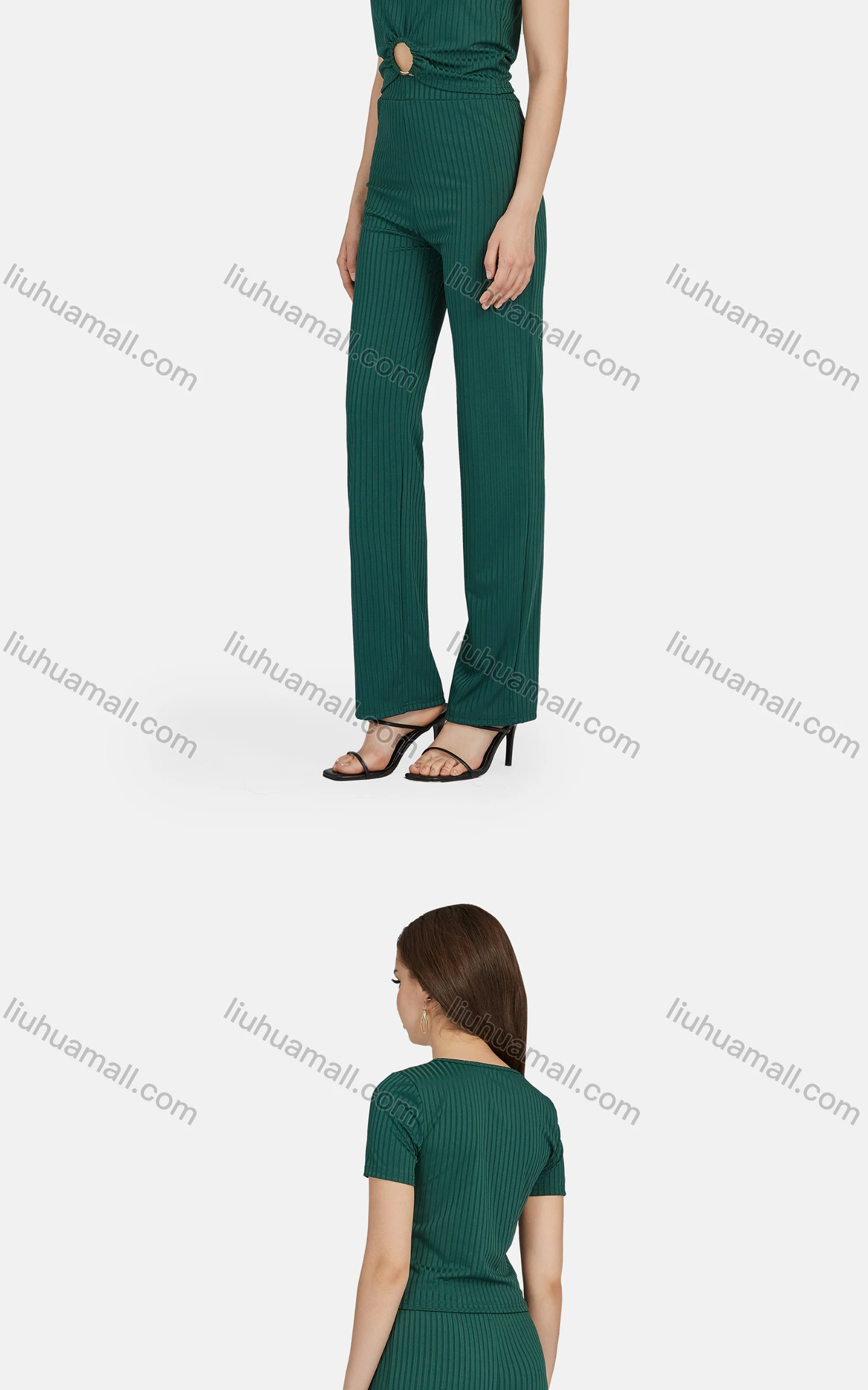 Wholesale Women's Casual Plain Short Sleeve Ribbed Hollow Out Top 2-Piece Set 6172# - Liuhuamall