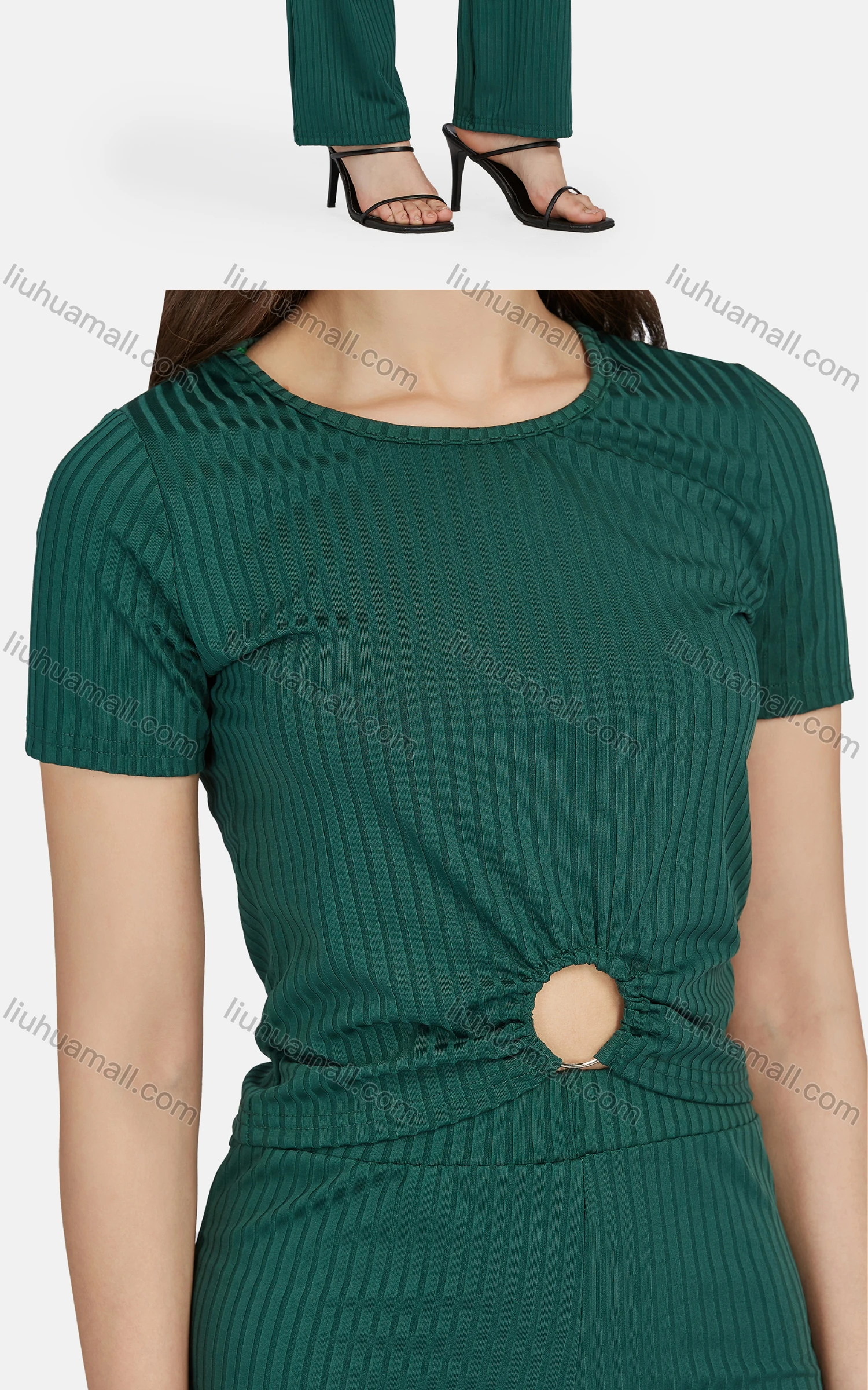 Wholesale Women's Casual Plain Short Sleeve Ribbed Hollow Out Top 2-Piece Set 6172# - Liuhuamall