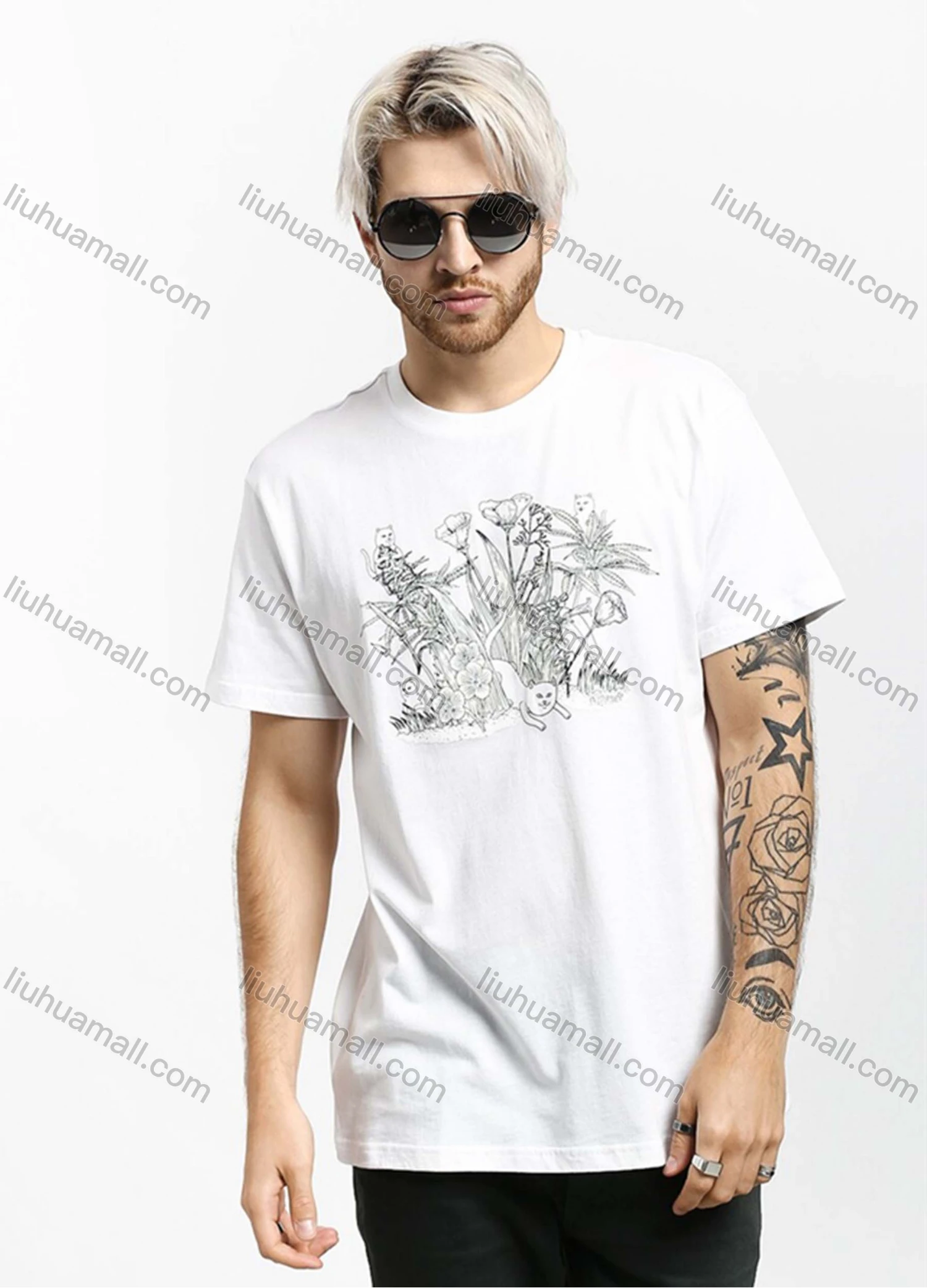 Wholesale Men's Round Neck Short Sleeve Floral Graphic T-Shirt 3549# - Liuhuamall