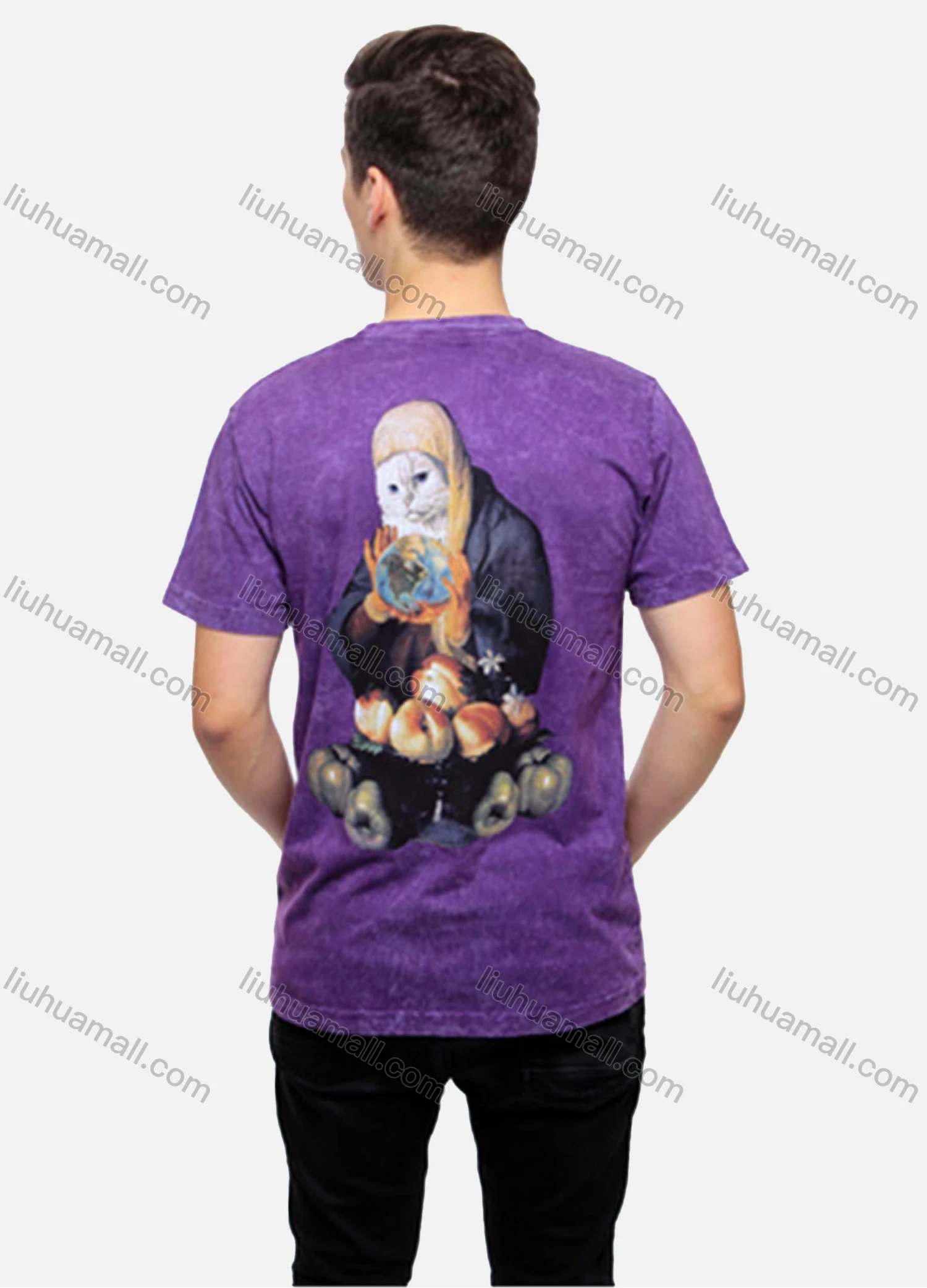 Wholesale Men's Round Neck Short Sleeve Cartoon Cat Graphic T-Shirt With Patch Pocket 2262# - Liuhuamall
