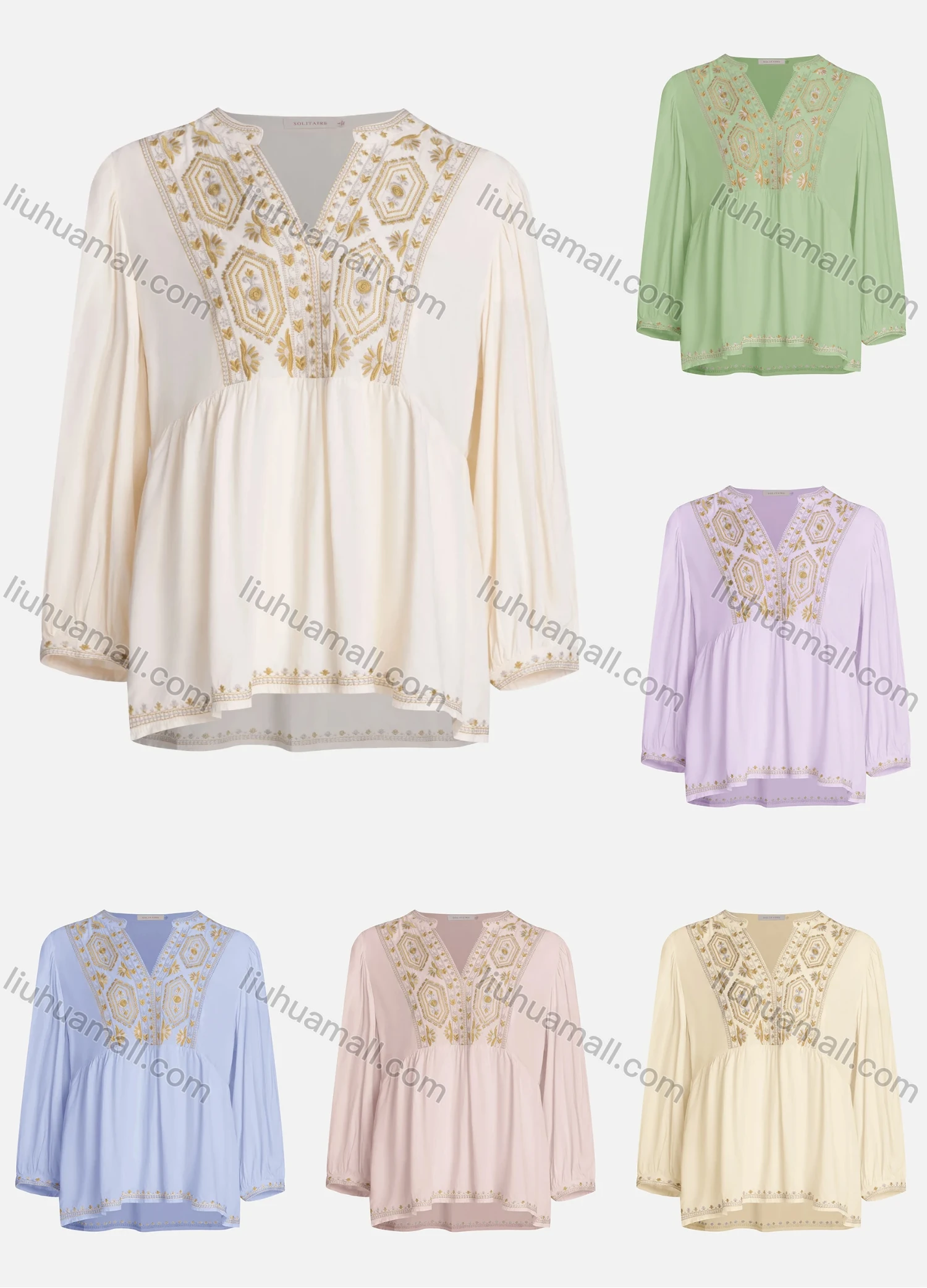Wholesale Women's Casual Vintage Embroidery Notched Neck Long Sleeve Blouse - Liuhuamall