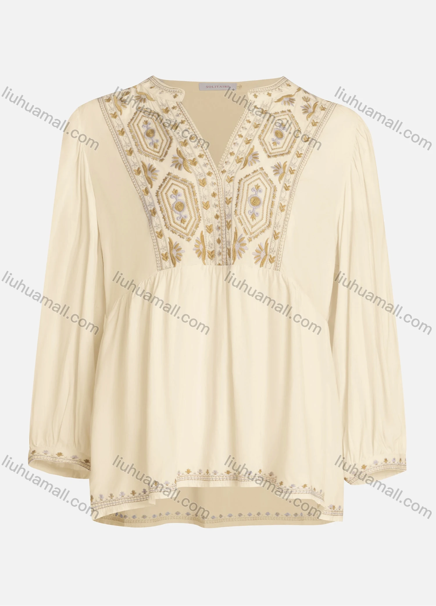 Wholesale Women's Casual Vintage Embroidery Notched Neck Long Sleeve Blouse - Liuhuamall