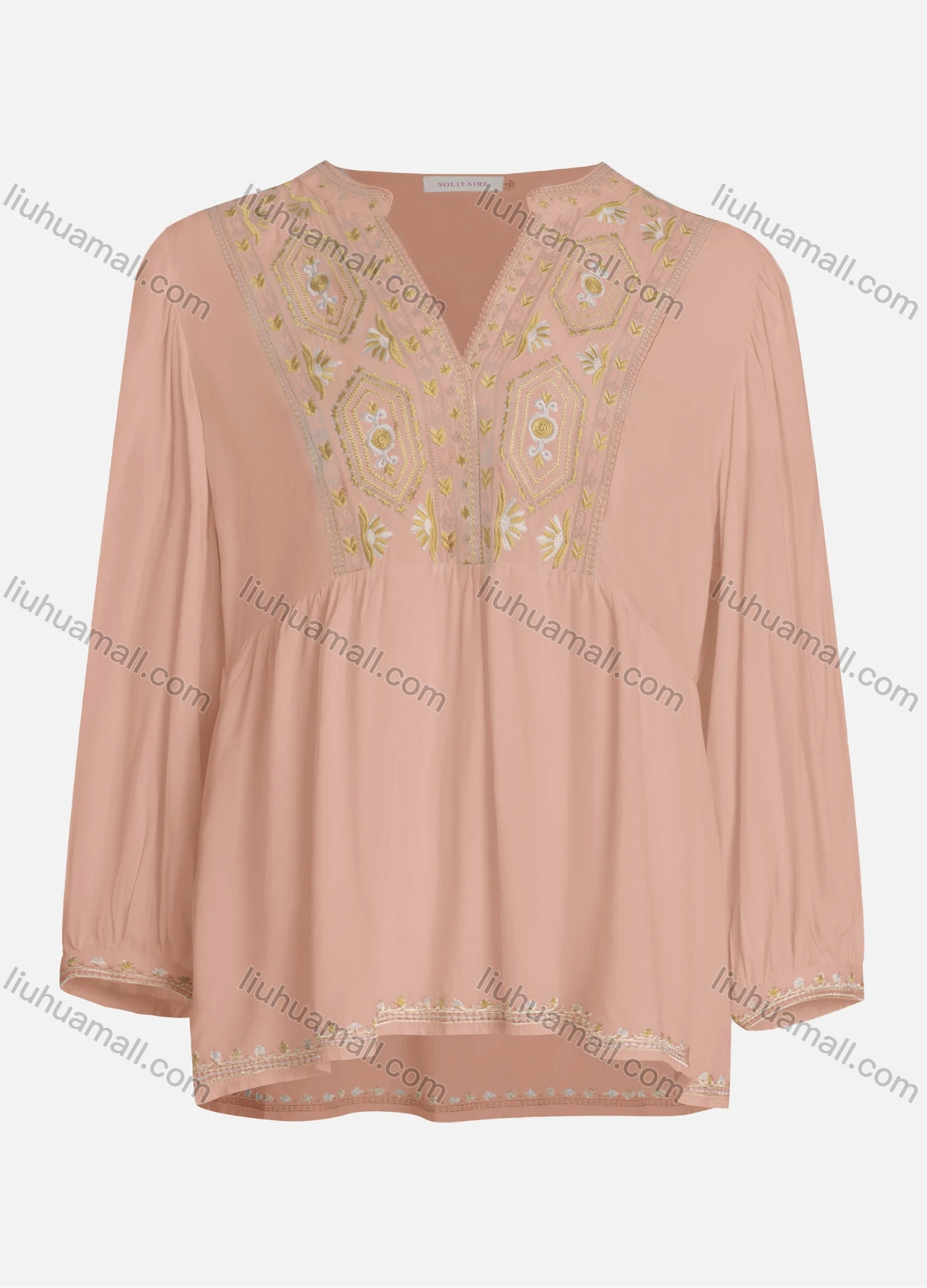 Wholesale Women's Casual Vintage Embroidery Notched Neck Long Sleeve Blouse - Liuhuamall