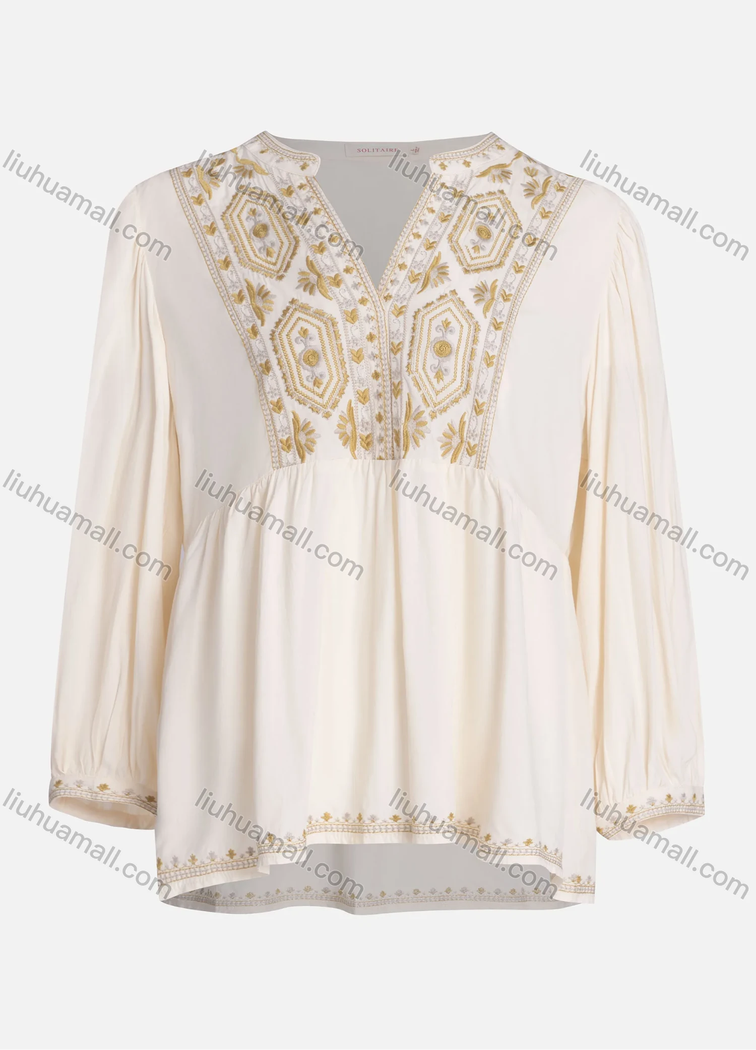 Wholesale Women's Casual Vintage Embroidery Notched Neck Long Sleeve Blouse - Liuhuamall