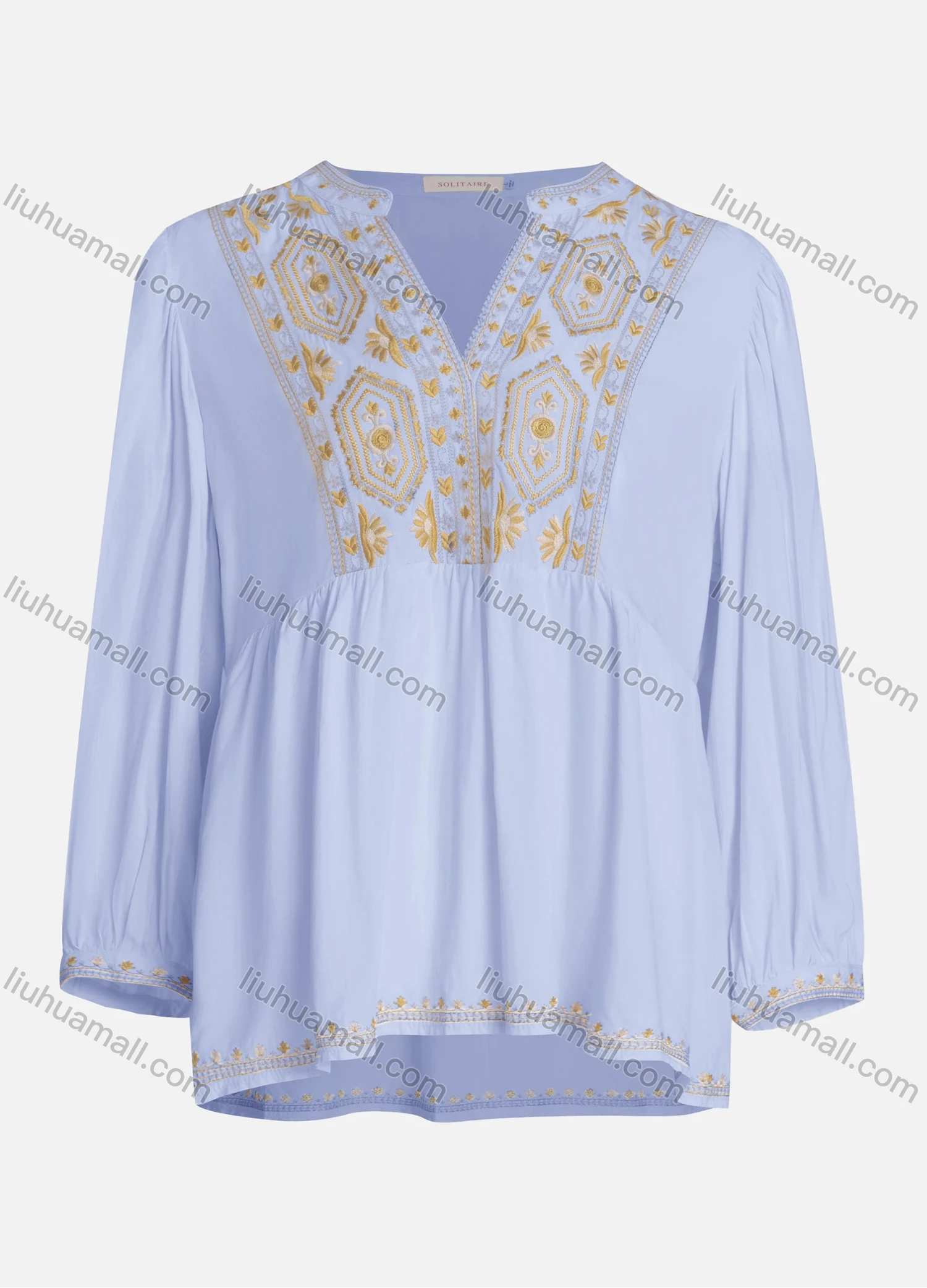 Wholesale Women's Casual Vintage Embroidery Notched Neck Long Sleeve Blouse - Liuhuamall