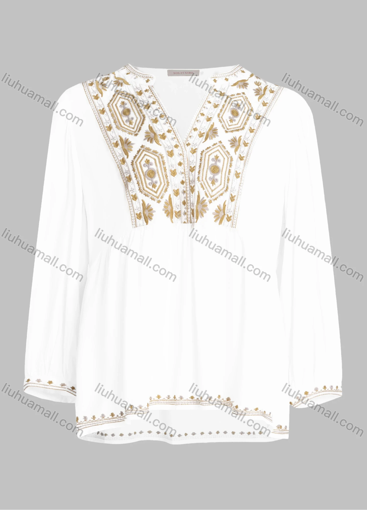 Wholesale Women's Casual Vintage Embroidery Notched Neck Long Sleeve Blouse - Liuhuamall