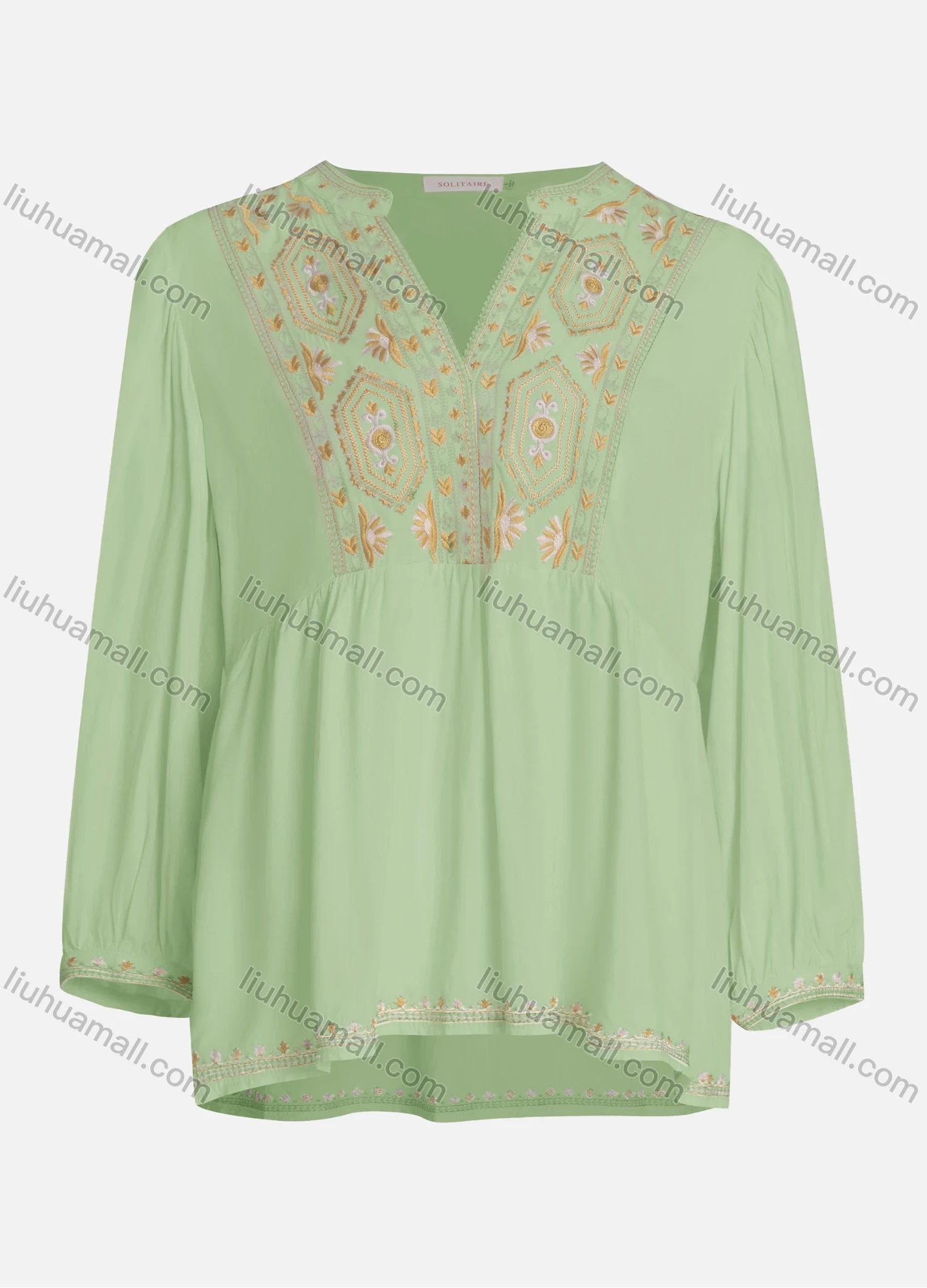 Wholesale Women's Casual Vintage Embroidery Notched Neck Long Sleeve Blouse - Liuhuamall