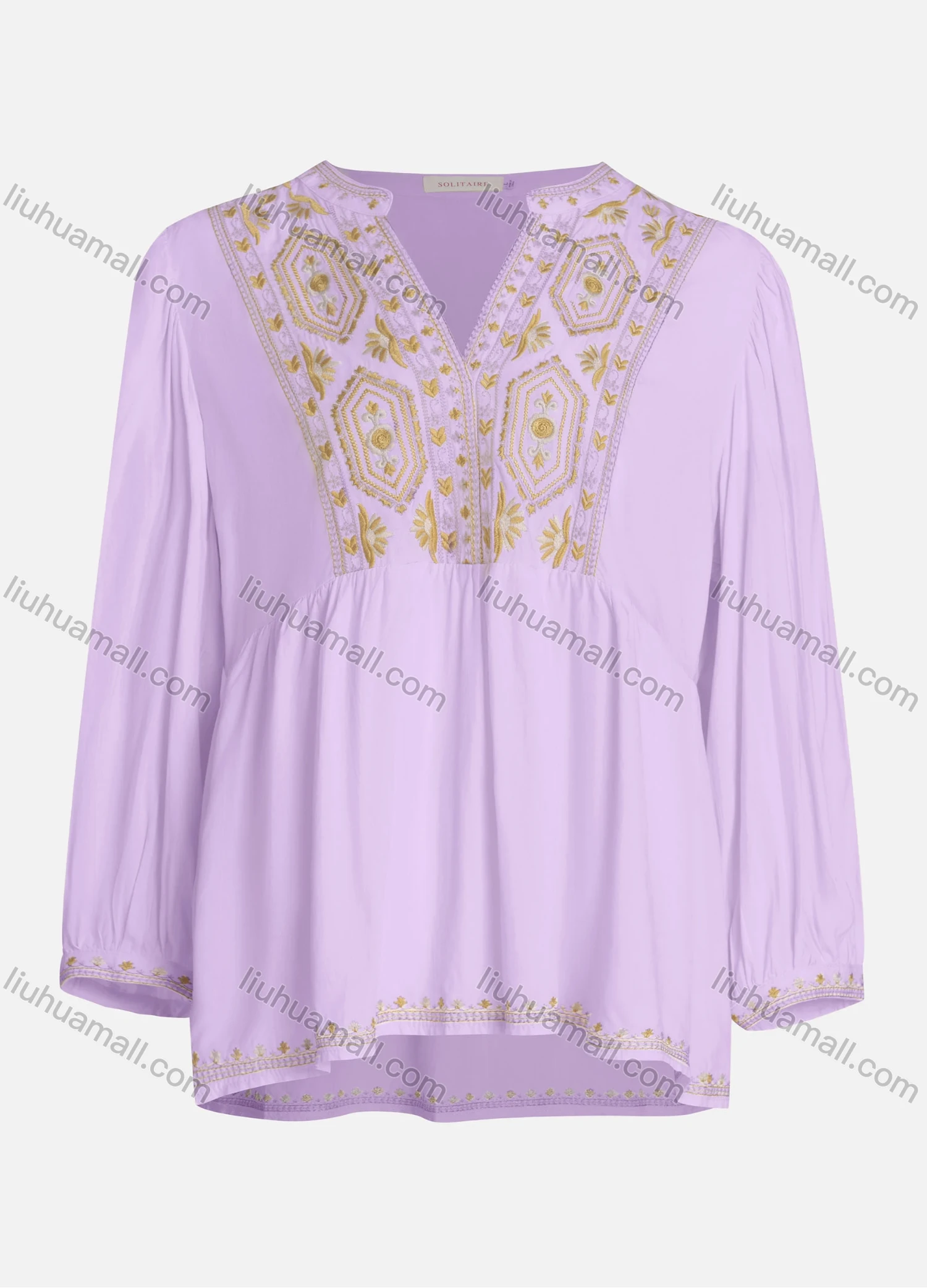 Wholesale Women's Casual Vintage Embroidery Notched Neck Long Sleeve Blouse - Liuhuamall