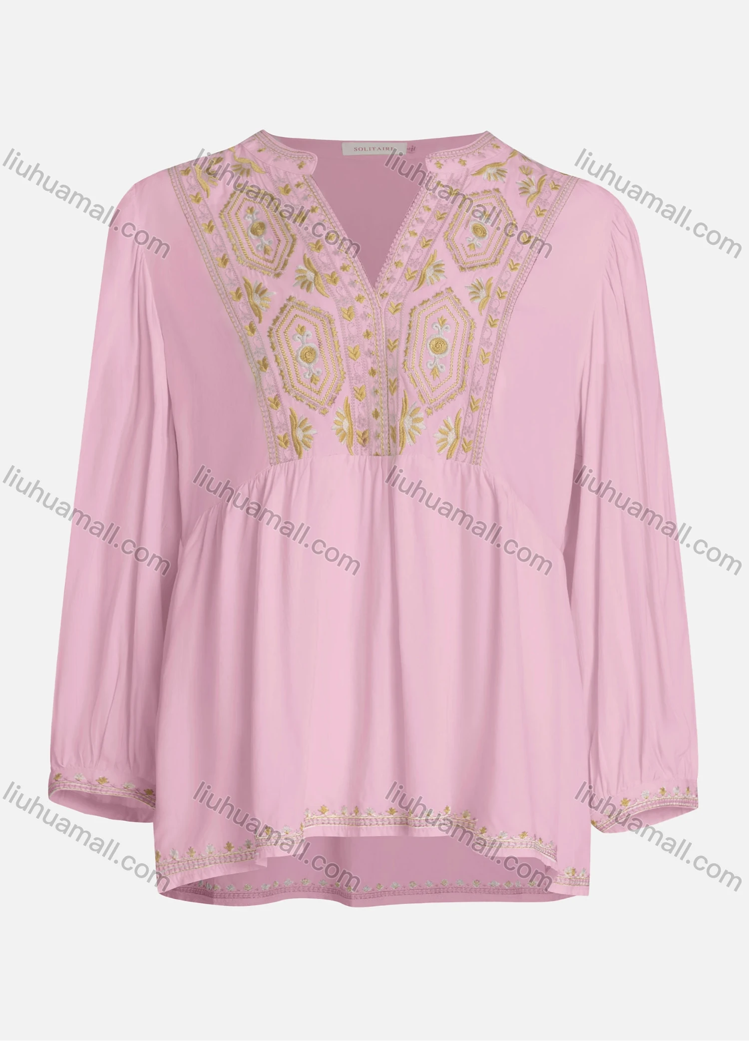 Wholesale Women's Casual Vintage Embroidery Notched Neck Long Sleeve Blouse - Liuhuamall