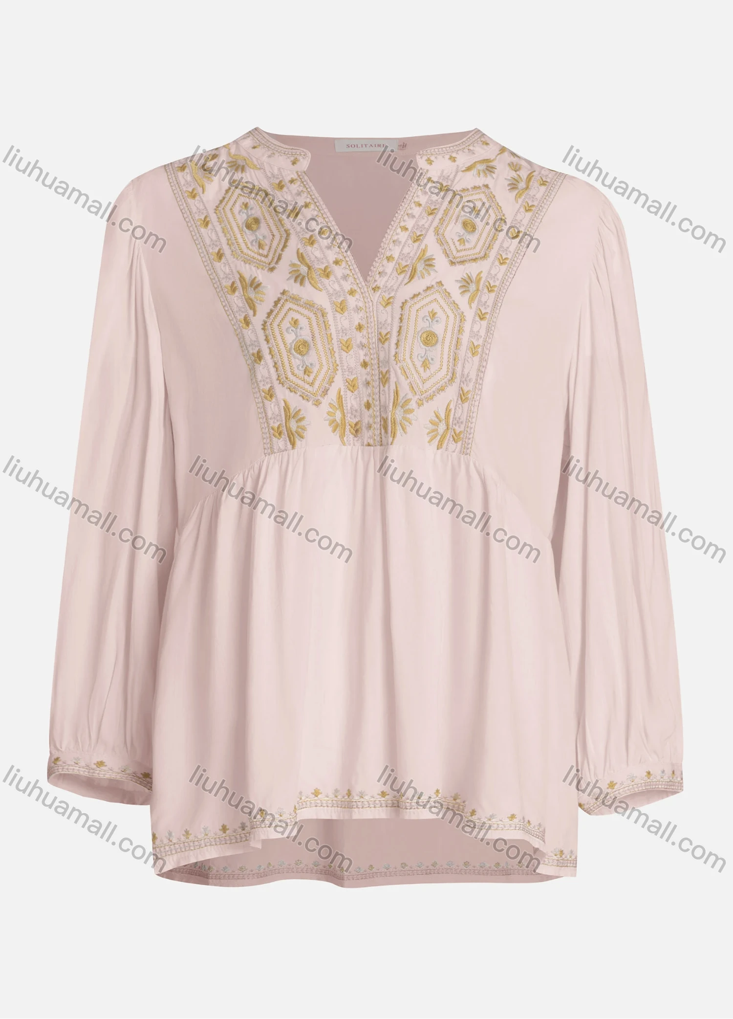 Wholesale Women's Casual Vintage Embroidery Notched Neck Long Sleeve Blouse - Liuhuamall