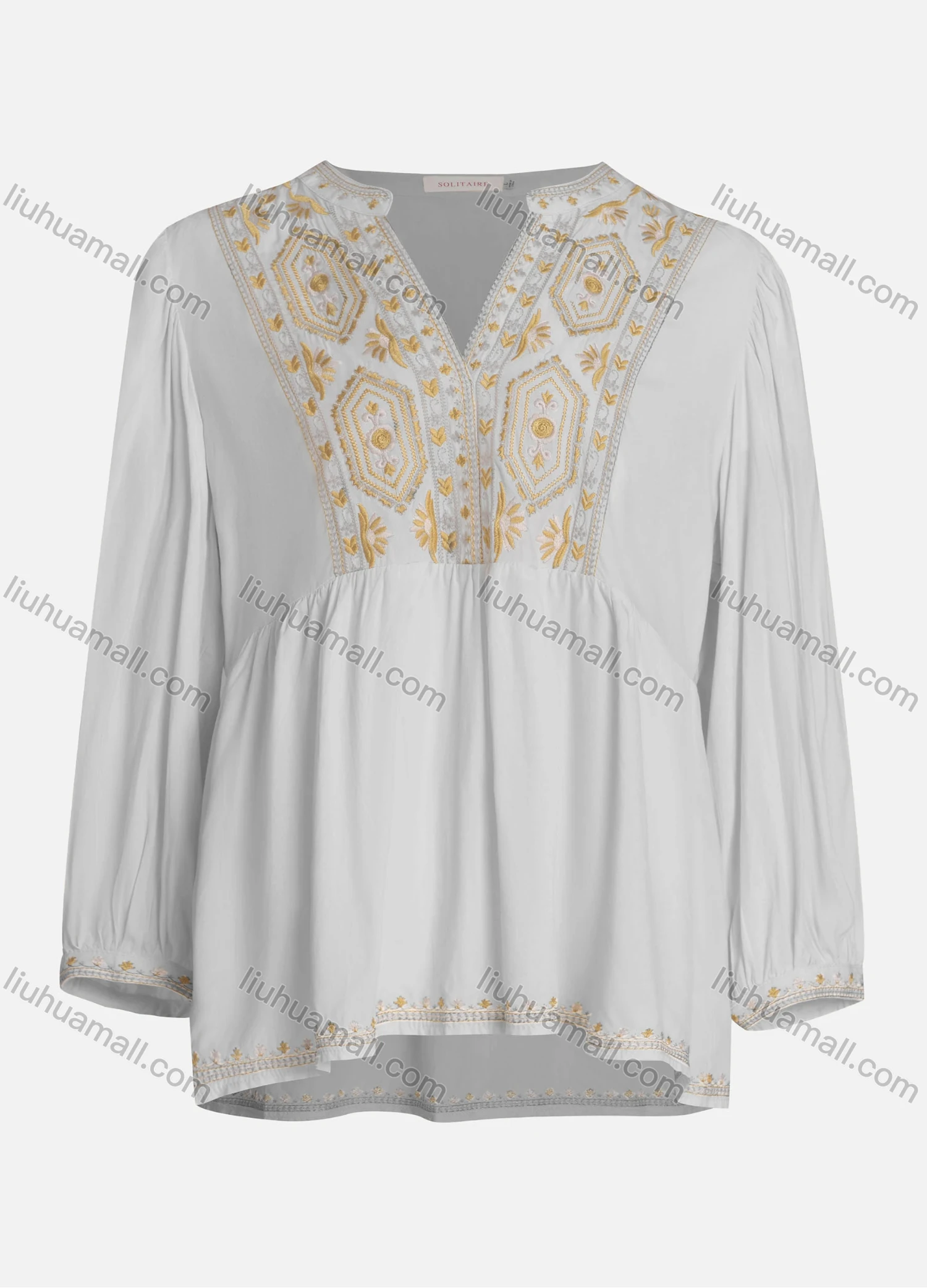 Wholesale Women's Casual Vintage Embroidery Notched Neck Long Sleeve Blouse - Liuhuamall