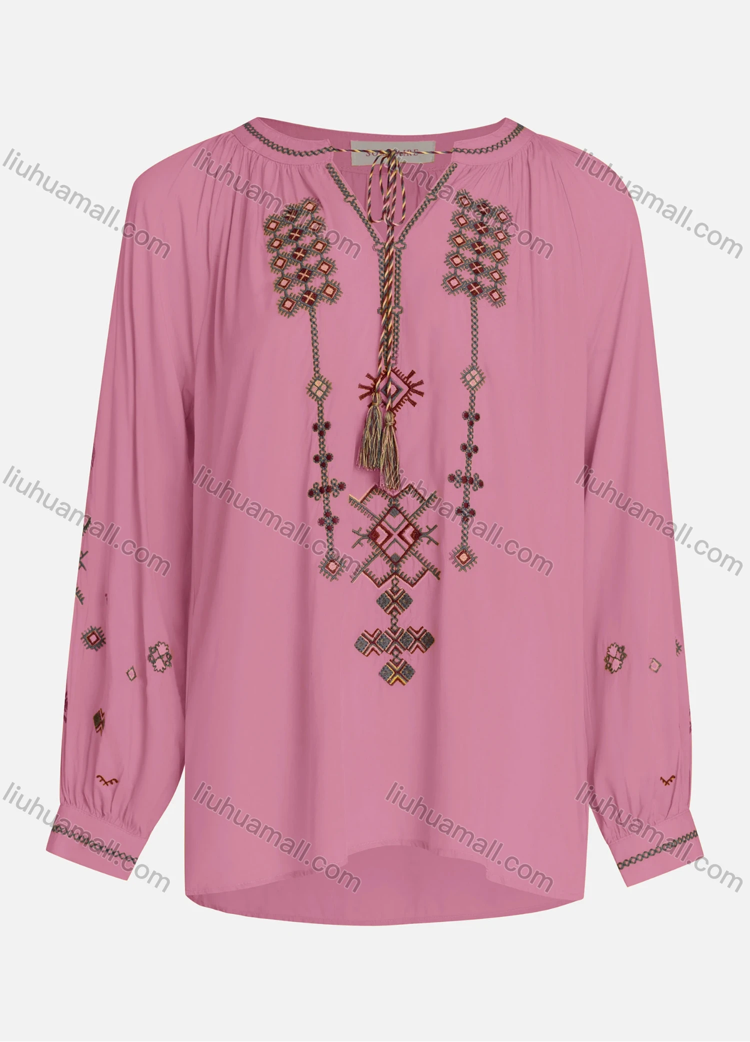 Wholesale Women's Casual Vintage Embroidery Notched Tie Neck Long Sleeve Blouse - Liuhuamall