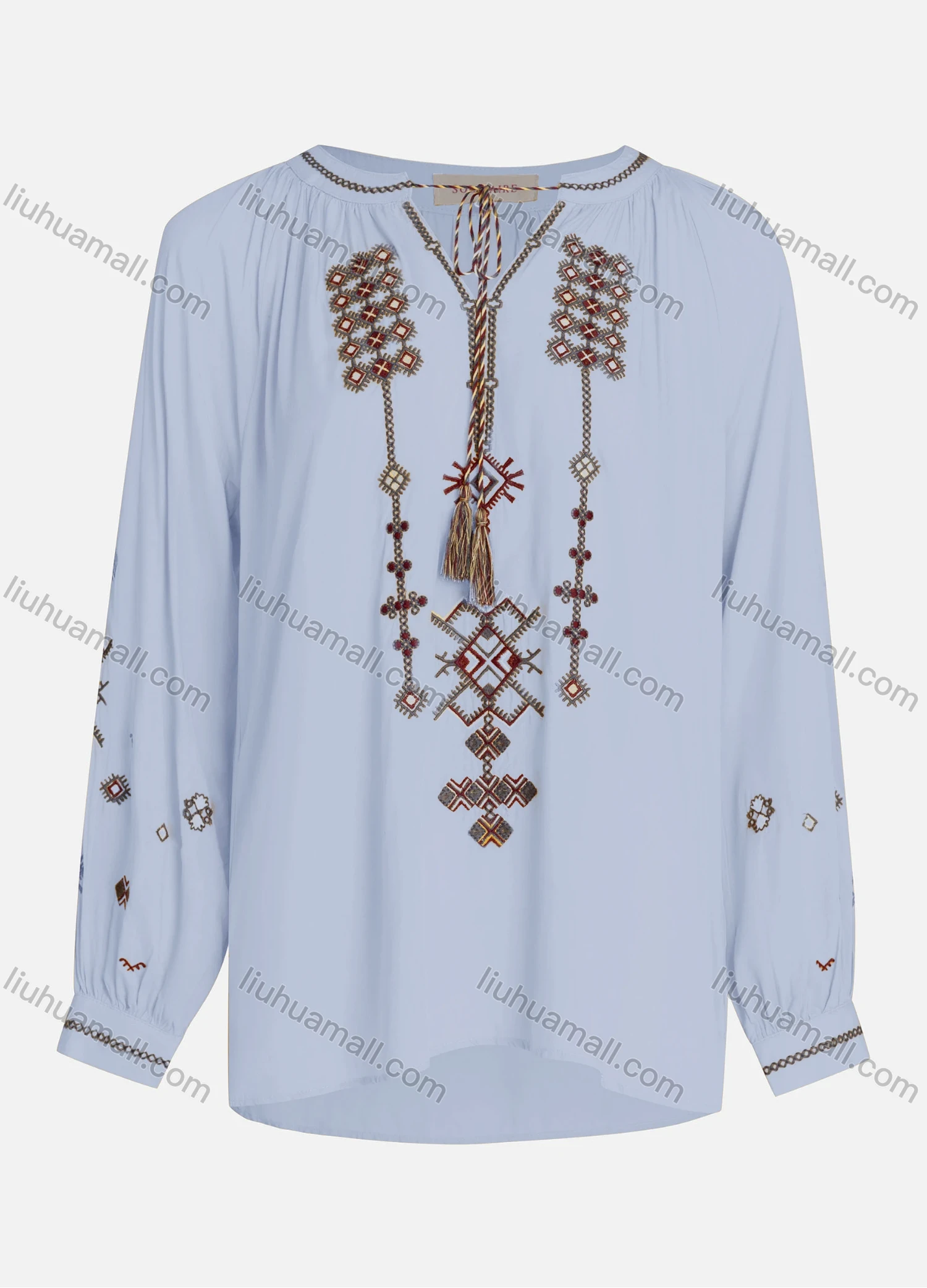 Wholesale Women's Casual Vintage Embroidery Notched Tie Neck Long Sleeve Blouse - Liuhuamall