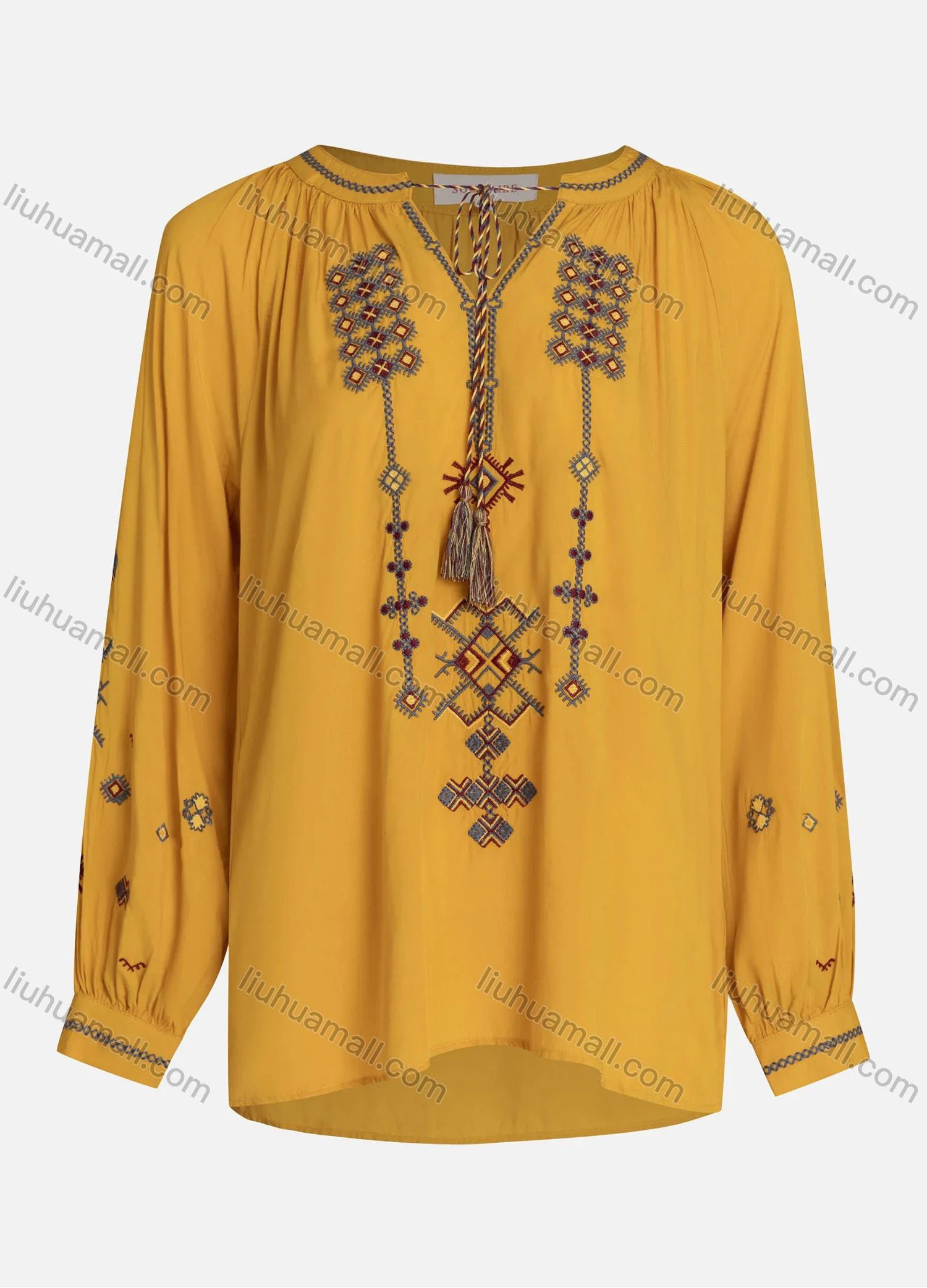Wholesale Women's Casual Vintage Embroidery Notched Tie Neck Long Sleeve Blouse - Liuhuamall