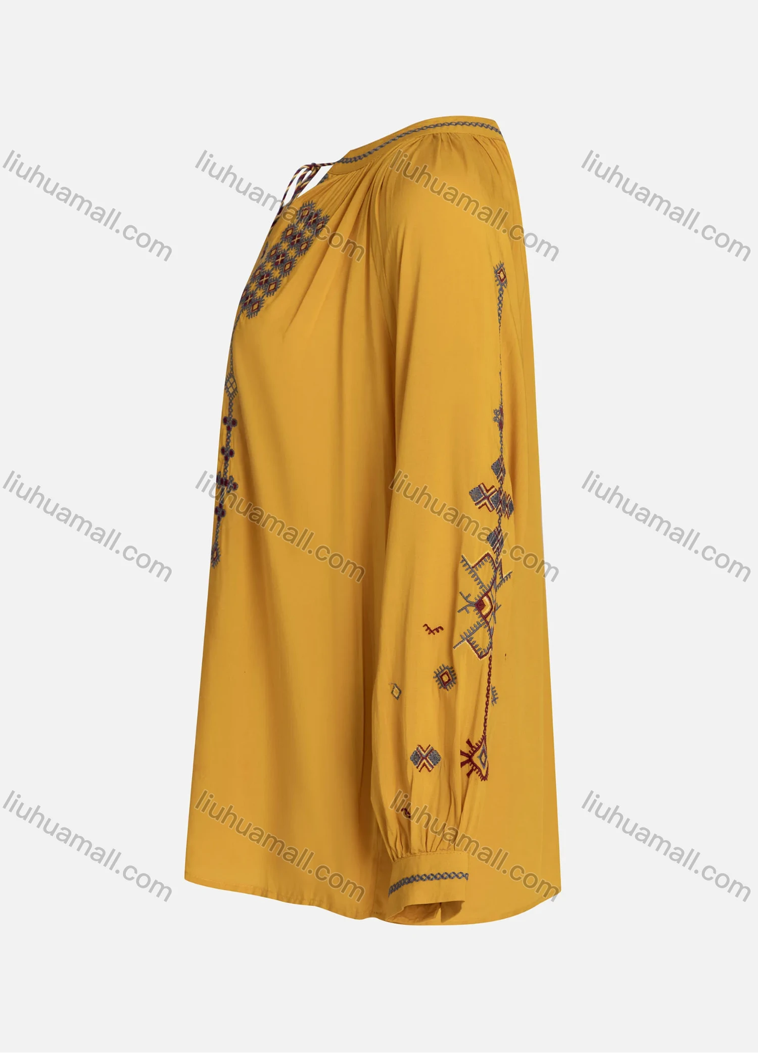 Wholesale Women's Casual Vintage Embroidery Notched Tie Neck Long Sleeve Blouse - Liuhuamall